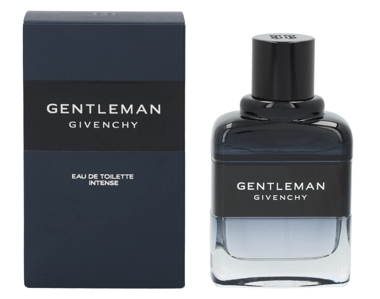 Dunkelblaue Flasche und Schachtel. Flasche mit schwarzem Verschluss, Aufschrift "GENTLEMAN GIVENCHY". Schachtel mit gleichem Text.