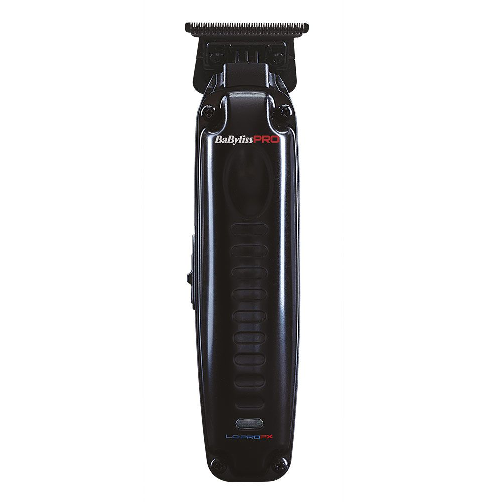 Schwarzer Trimmer mit silberner Klinge. Marke BaByliss Pro. Vertikale Ansicht. Griff mit Rillen. Logo und Schriftzug.