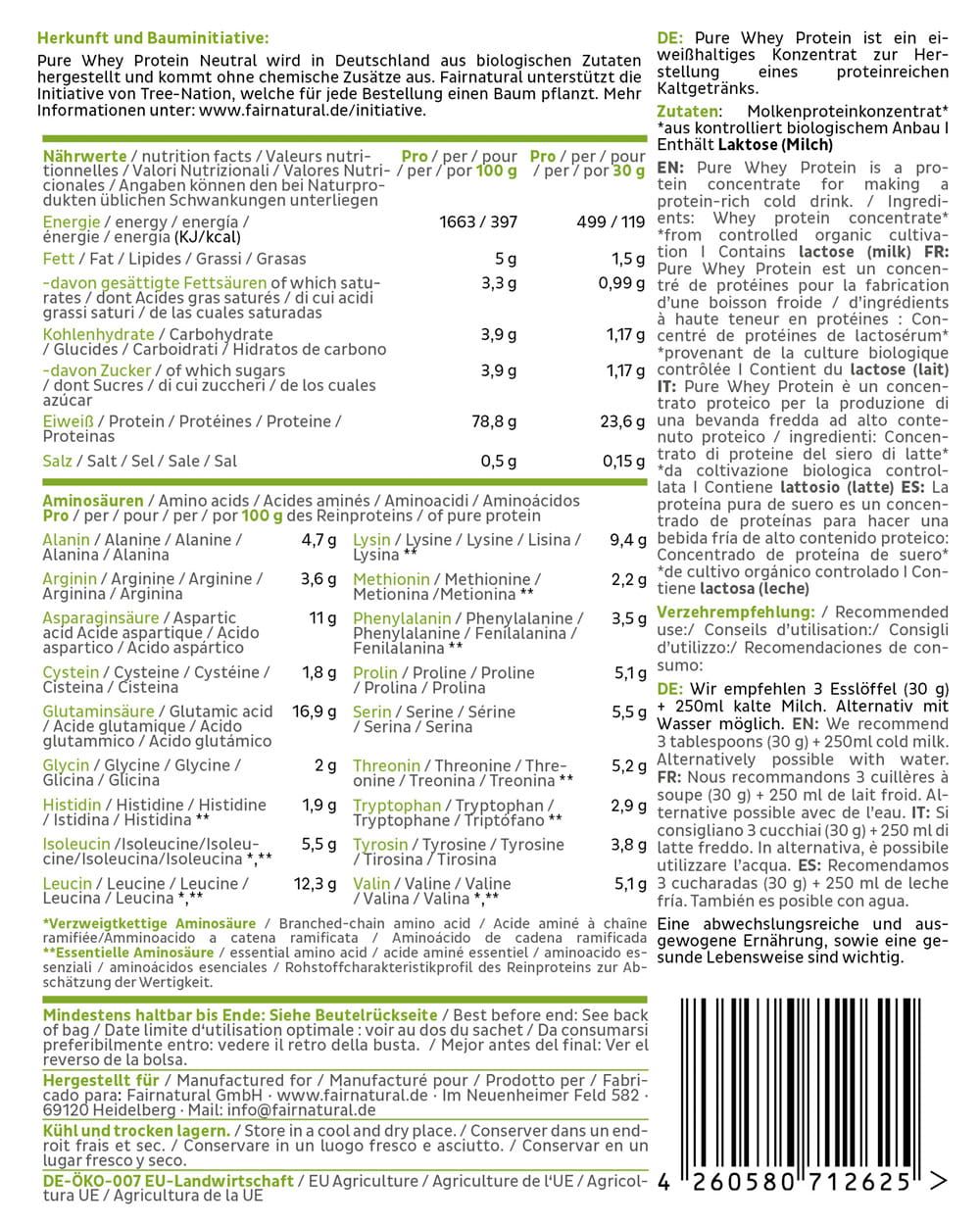 Rückseite der FAIRNATURAL Bio Whey Protein Packung mit Nährwertangaben und Zutatenliste.