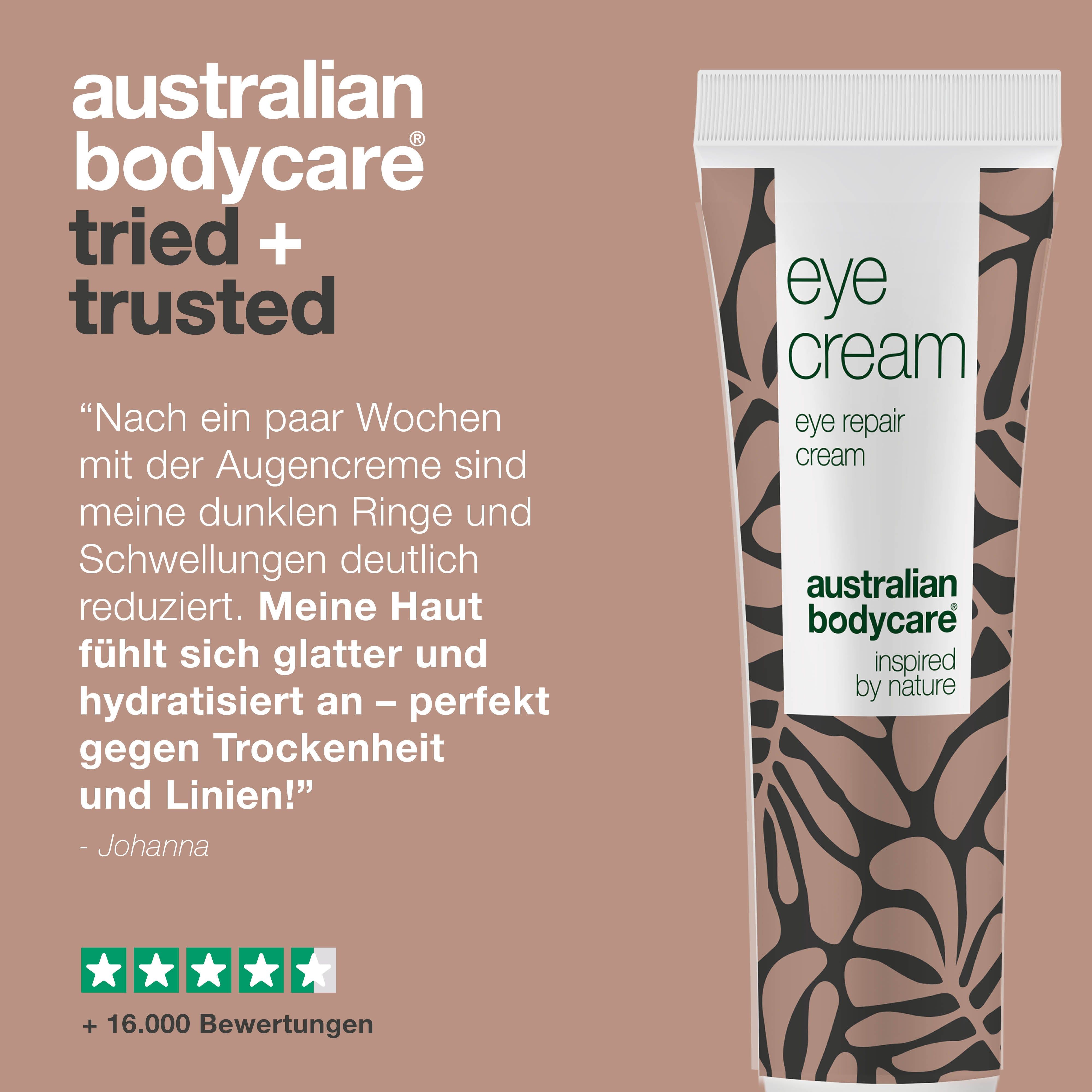 Tube Augencreme. Text: Meine dunklen Ringe und Schwellungen reduziert. Meine Haut fühlt sich glatter an. Ideal gegen Trockenheit.