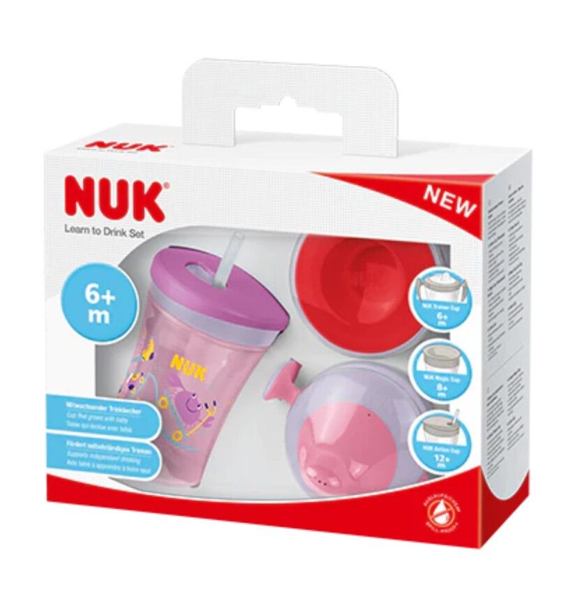 NUK Trinklernset mit drei Trinkaufsätzen lila/rosa