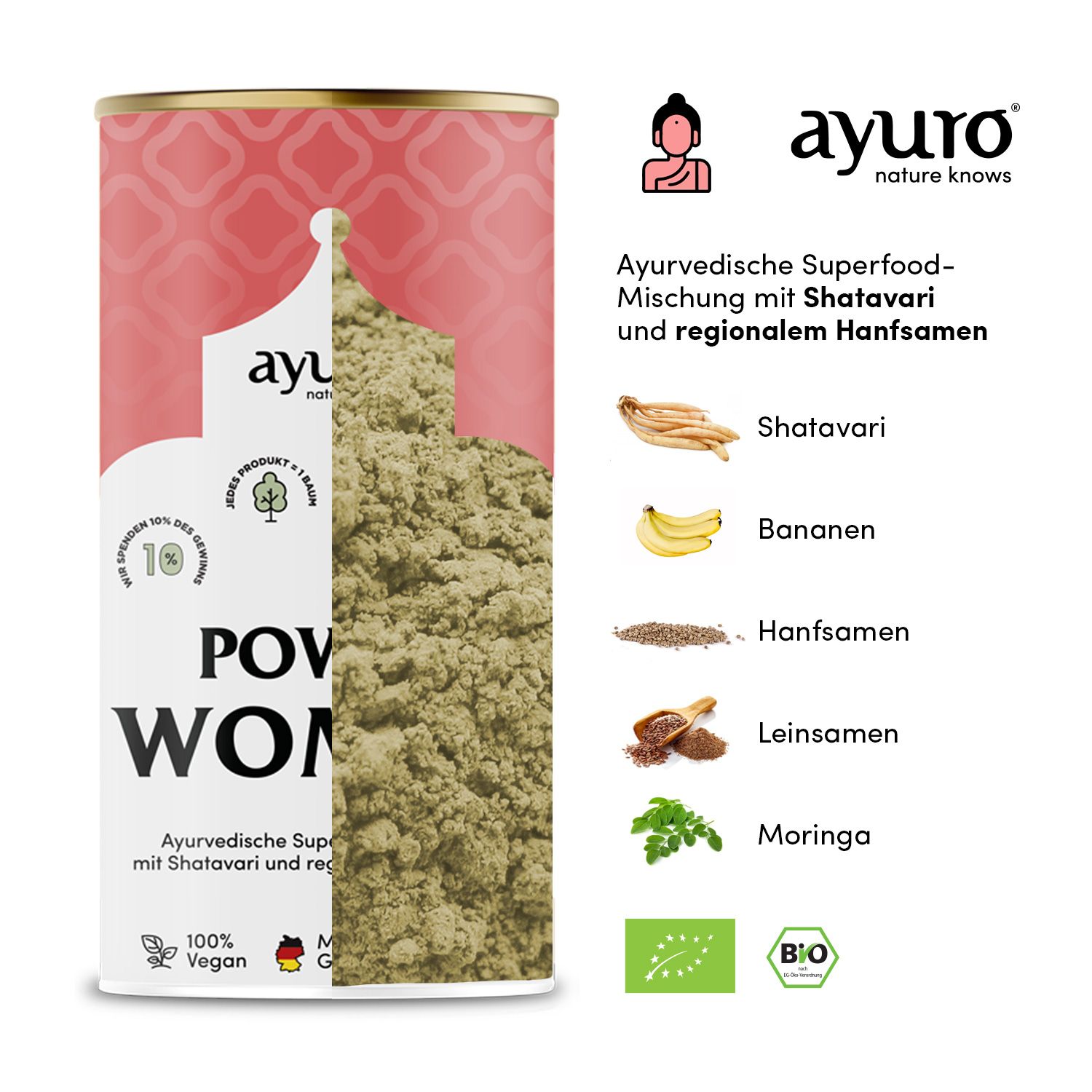 Geöffnete Dose mit Pulver. Daneben: Zutaten wie Shatavari, Banane, Hanfsamen. Logo: ayuro.