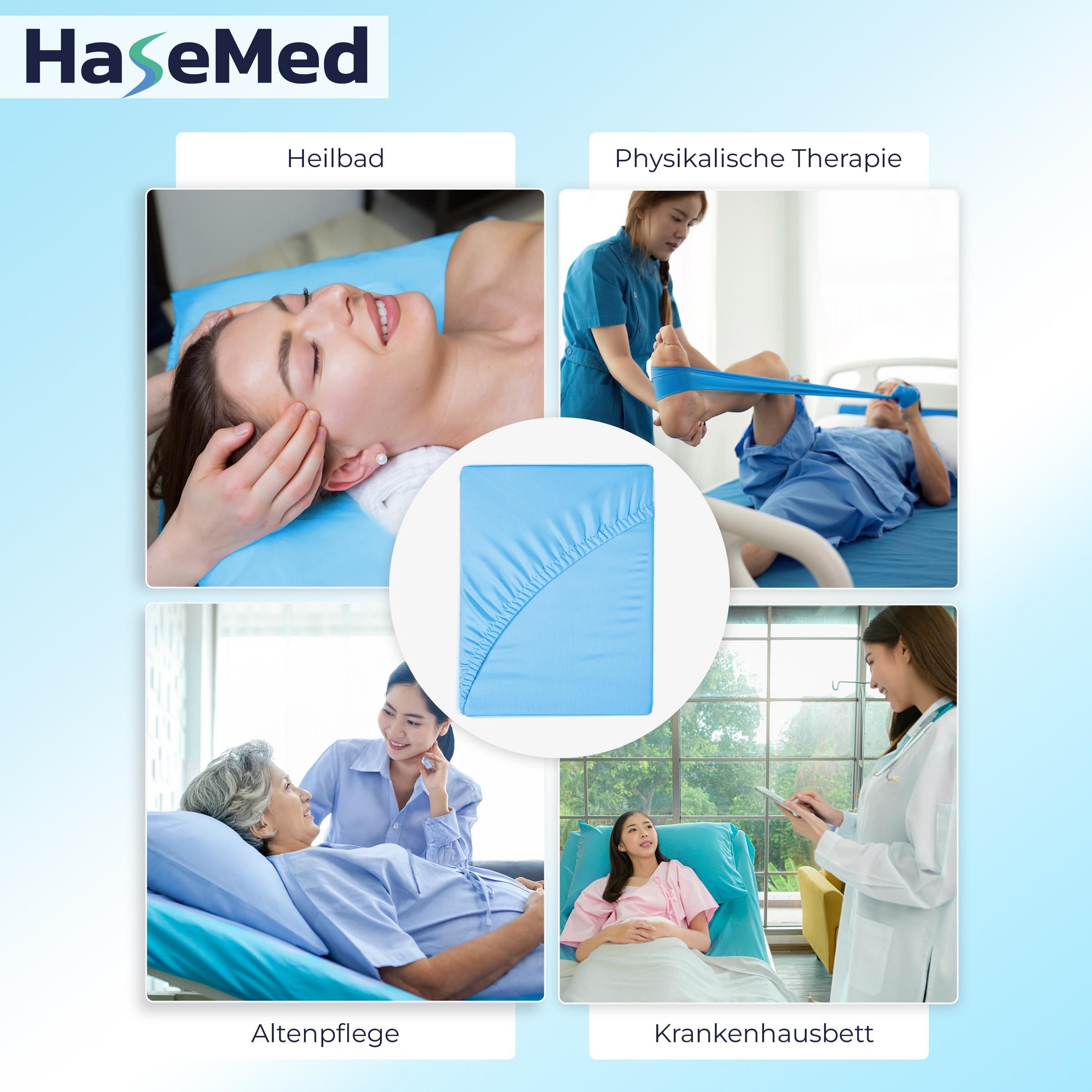 Blauer Matratzenschoner in verschiedenen Anwendungen: Heilbad, Physiotherapie, Altenpflege, Krankenhausbett.