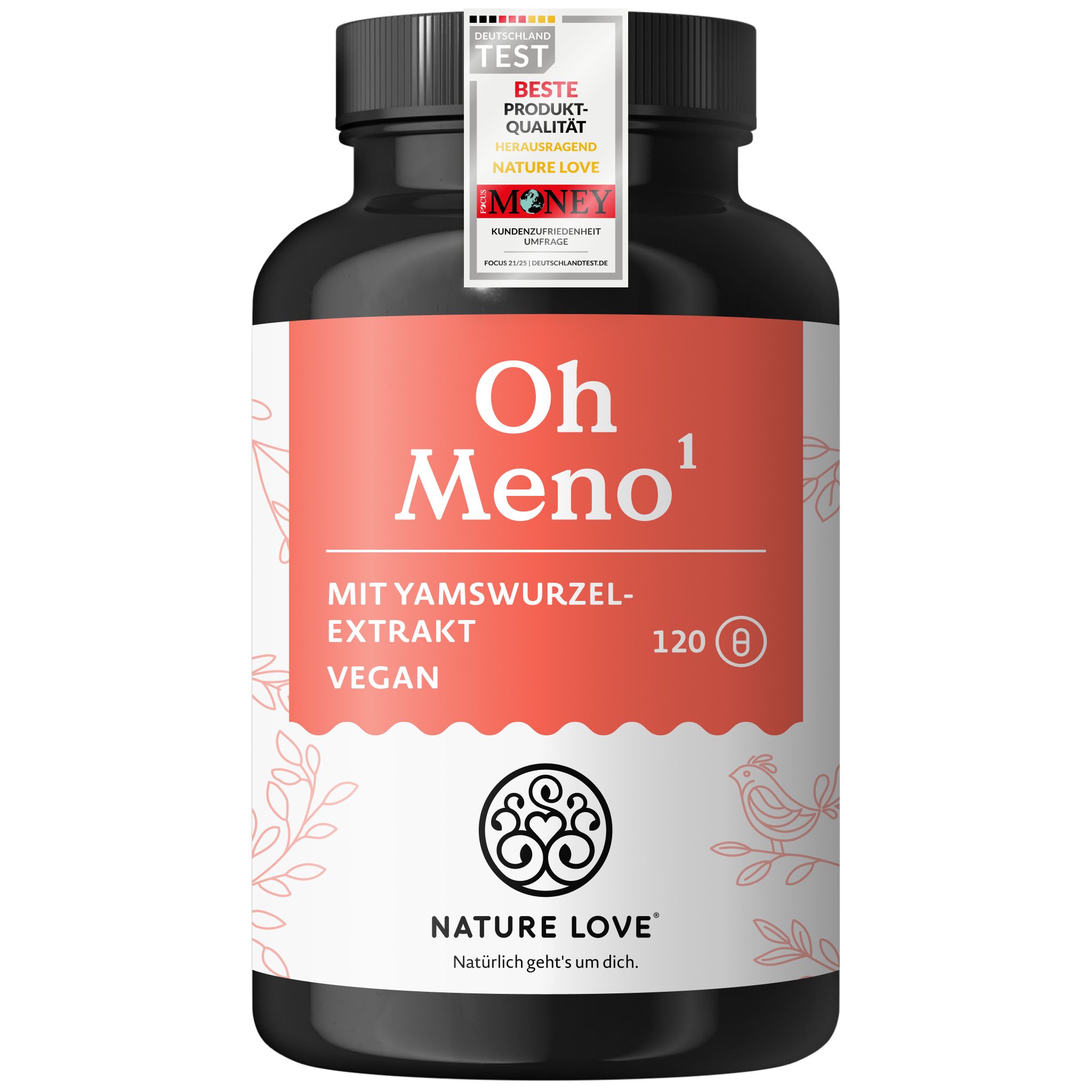 Flasche Oh Meno von NATURE LOVE mit Siegeln für beste Produktqualität und veganem Hinweis.