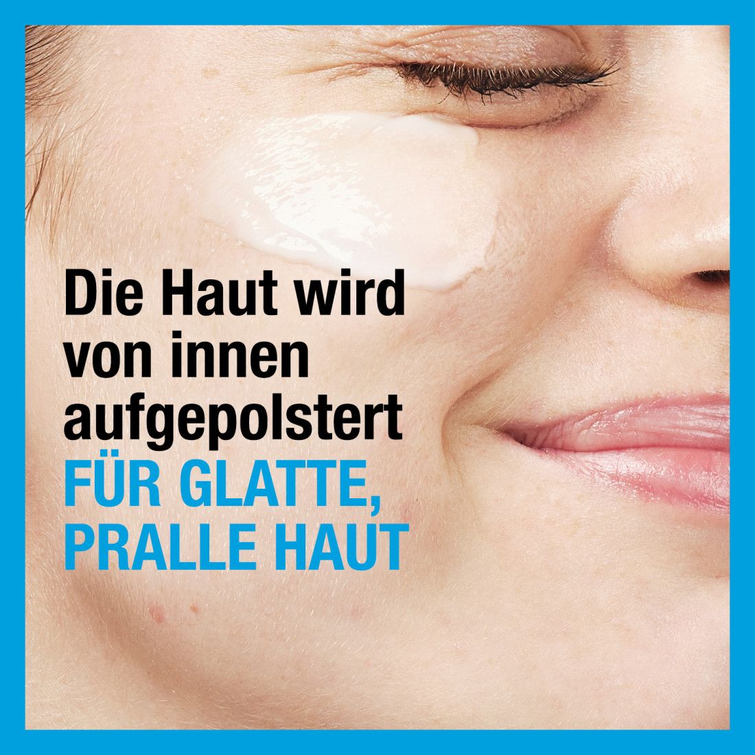 Nahaufnahme eines Gesichts mit Creme auf der Haut. Text über glatte Haut.