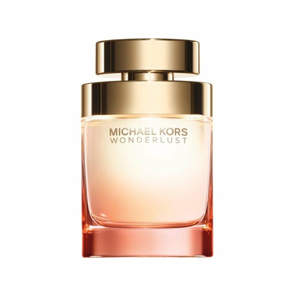 Michael Kors Wonderlust Edp Spray Flakon. Goldfarbener Deckel, rosa Glas. Markenname und Produktbezeichnung auf dem Flakon.