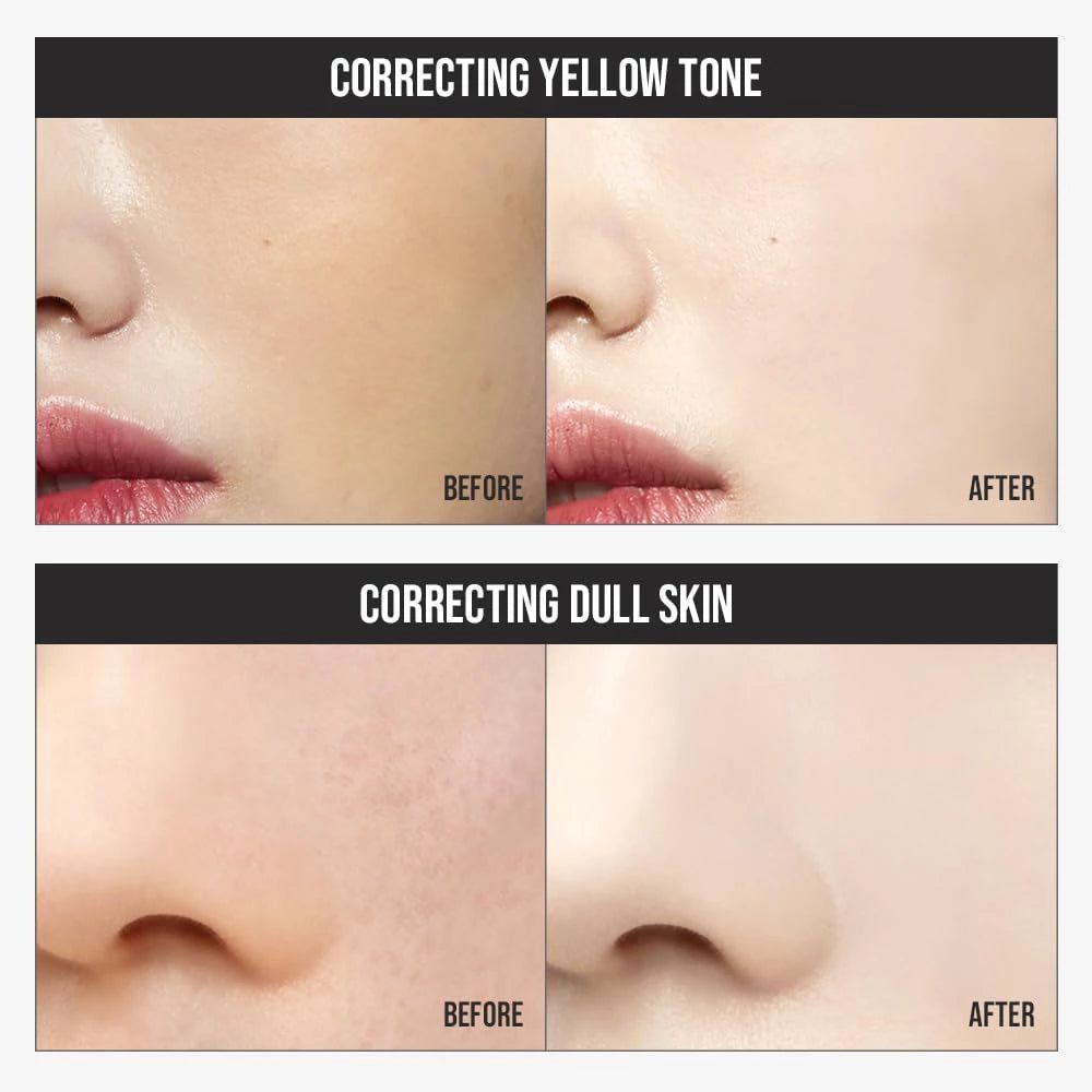 Vorher/Nachher-Vergleich der Hautkorrektur mit TFIT Cotton Veil Makeup Base.