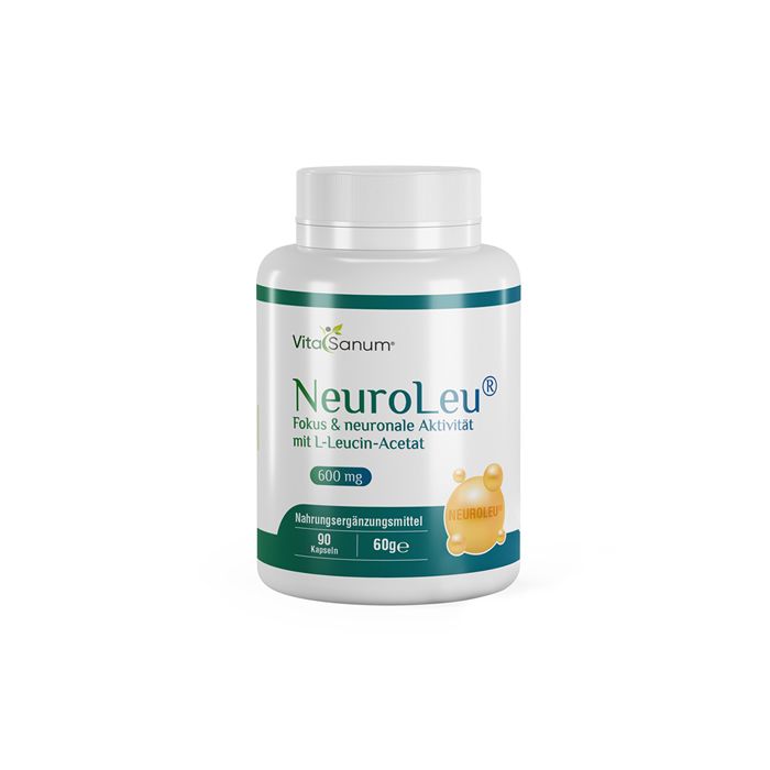 Weiße Flasche VitaSanum NeuroLeu, grüne und blaue Etiketten. Aufschrift: NeuroLeu, 600 mg, 90 Kapseln. Gelbe Kapsel-Illustration.