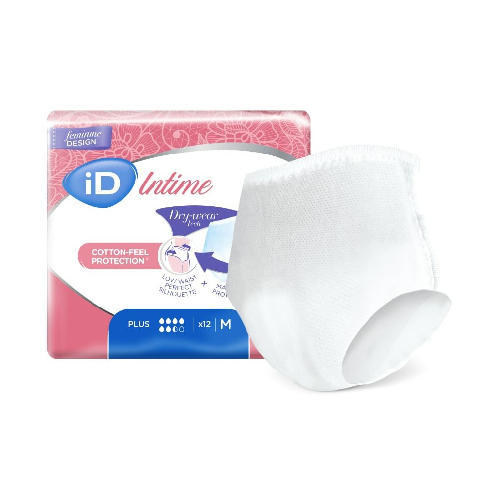 iD Intime Pants Plus und Verpackung. Weiße Pants, Dry-wear tech, Baumwoll-Schutz, x12, M. Rosa-weißes Verpackungsdesign.