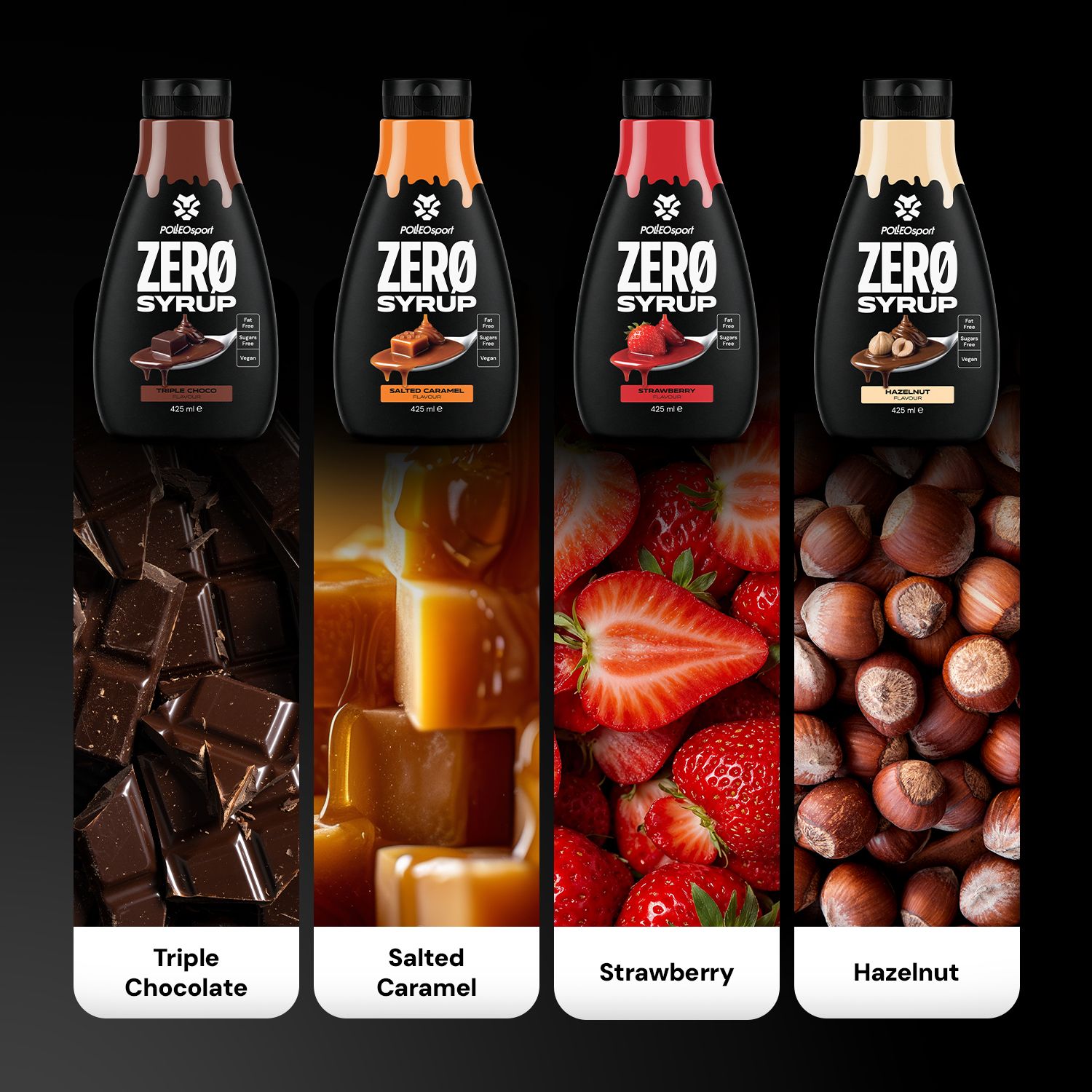 Vier Flaschen Zero Sirup in den Geschmacksrichtungen Triple Chocolate, Salted Caramel, Strawberry und Hazelnut, daneben die jeweiligen Zutaten.