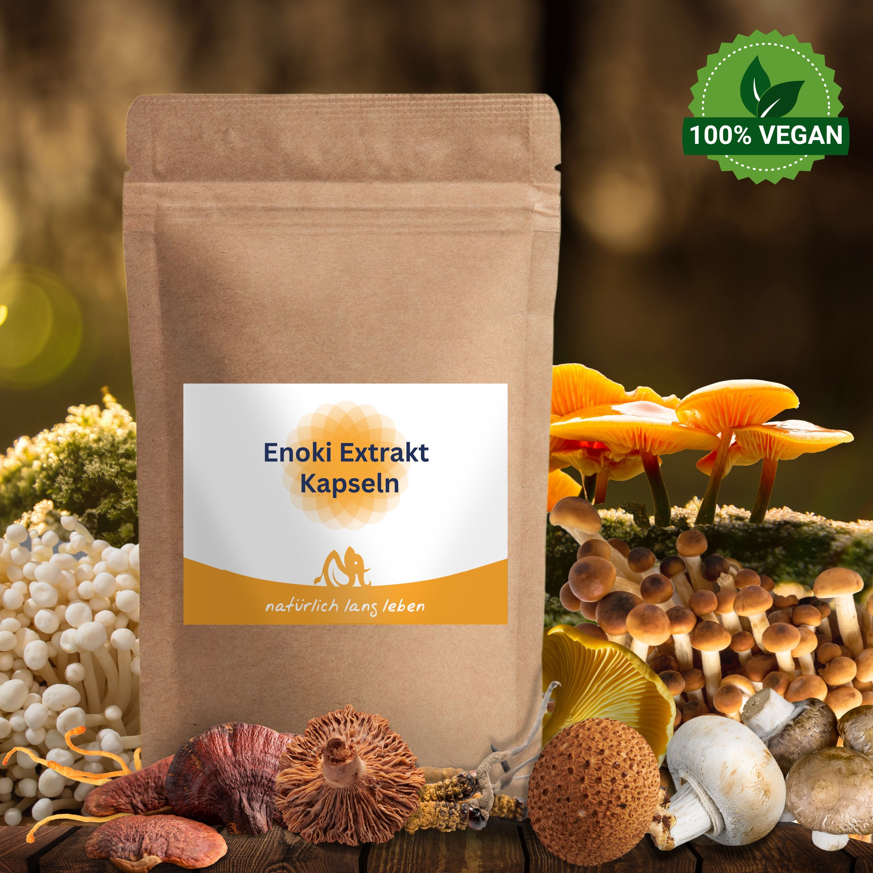 Braune Tüte mit Etikett. Aufschrift: Enoki Extrakt Kapseln, natürlich lang leben. Logo: Sonne und Figur. 100% Vegan Siegel.