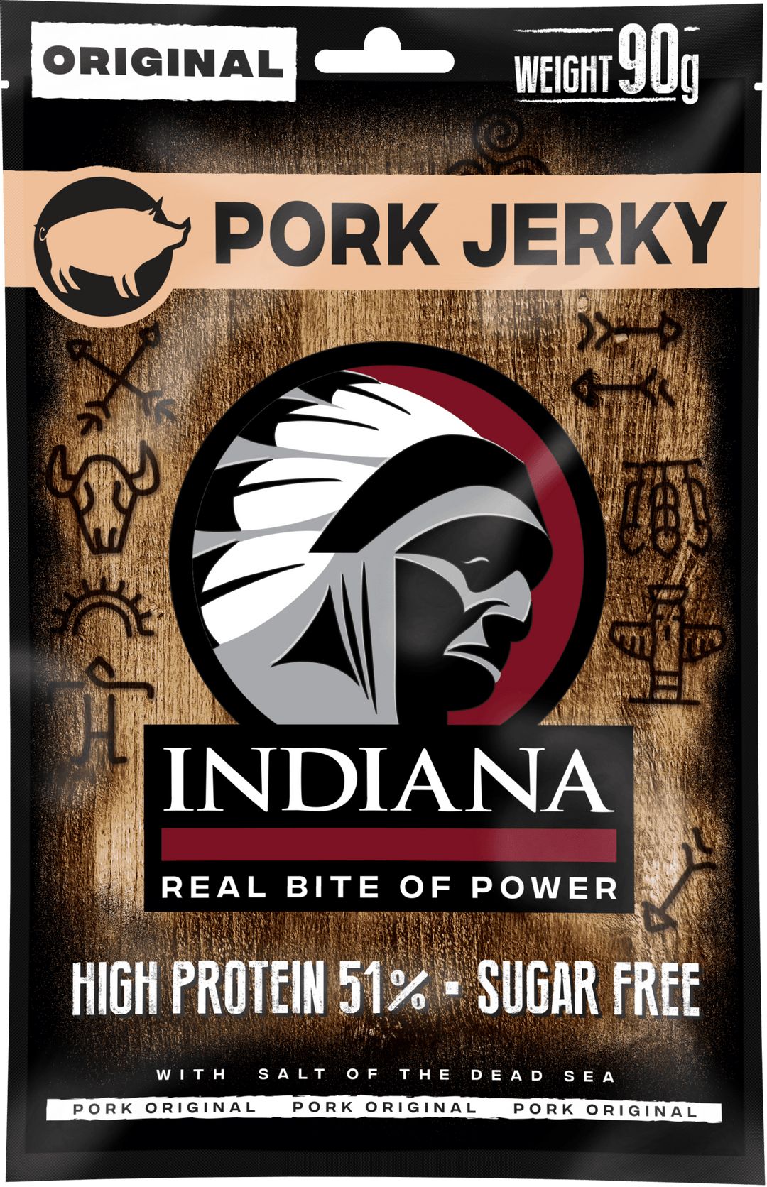 Verpackung Indiana Jerky Pork Original. Schwarzer Beutel mit Logo, Text: High Protein 51% - Sugar Free. Gewicht: 90g.