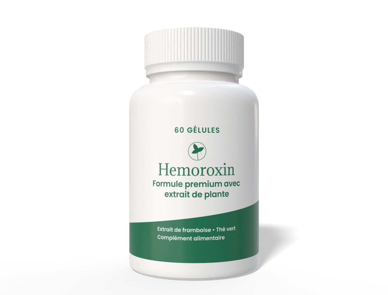 Weiße Flasche mit grünem Etikett. Aufschrift: Hemoroxin, 60 Gelules. Enthält Himbeerextrakt und grünen Tee.