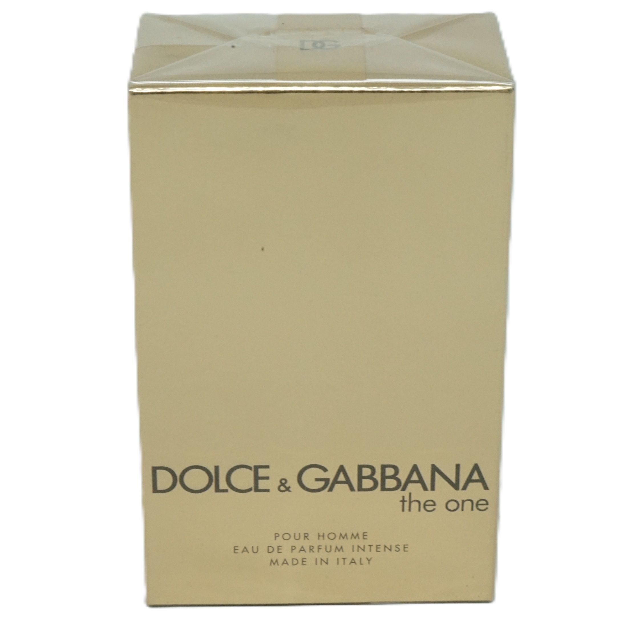 Beige rechteckige Verpackung. Aufschrift: DOLCE & GABBANA, the one, Pour Homme, Eau de Parfum Intense, Made in Italy.