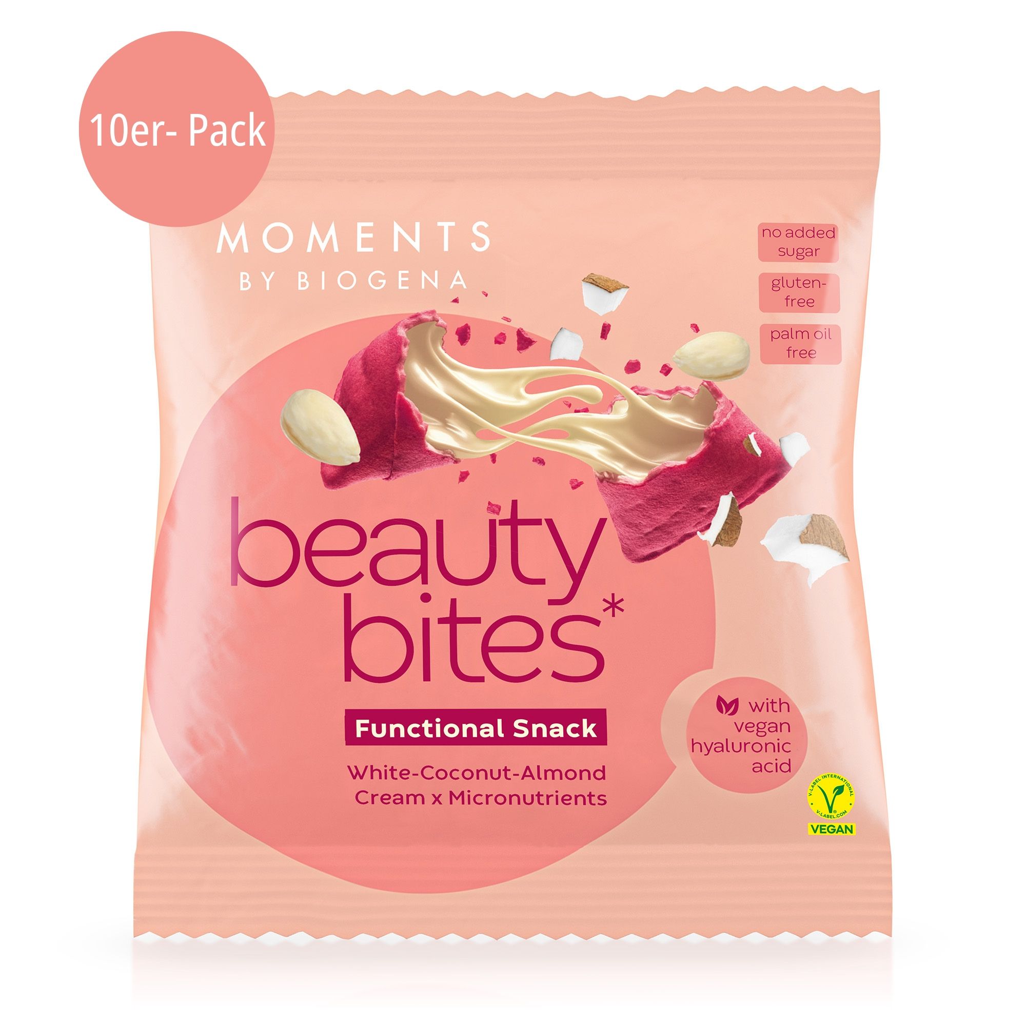 Einzelpackung Beauty Bites. Aufdruck: Moments by BIOGENA, beauty bites, White-Coconut-Almond Cream x Mikronährstoffe. Mit veganer Hyaluronsäure.