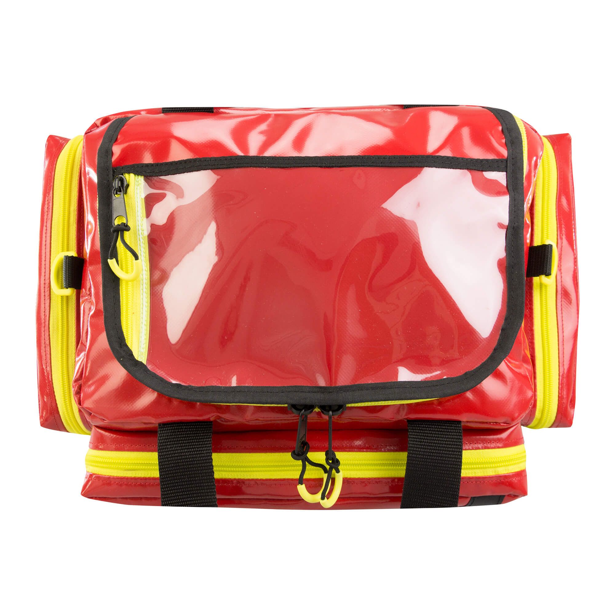 Rote Notfalltasche mit transparentem Fach. Gelbe Reißverschlüsse und Streifen. Schwarze Details. "AEROcase" Logo.