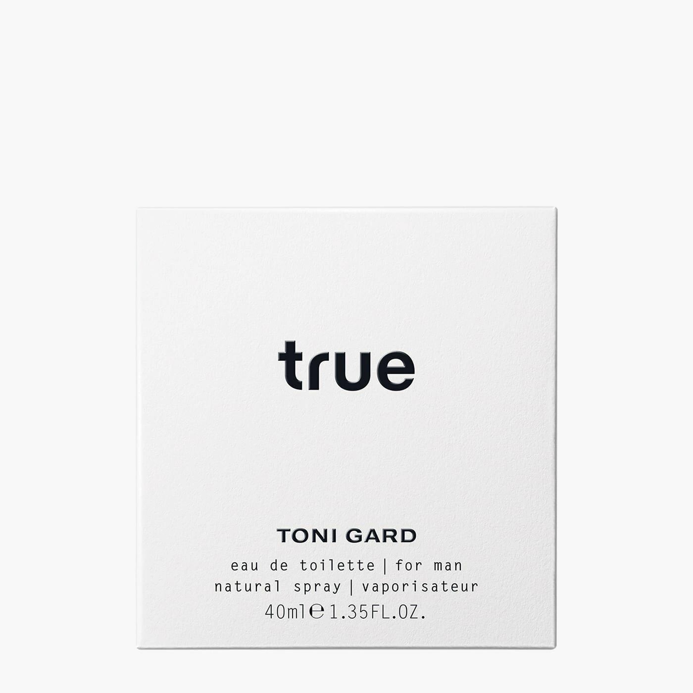 Weiße Verpackung mit schwarzem Schriftzug "true". Darunter "TONI GARD" und Produktinformationen. 40ml.