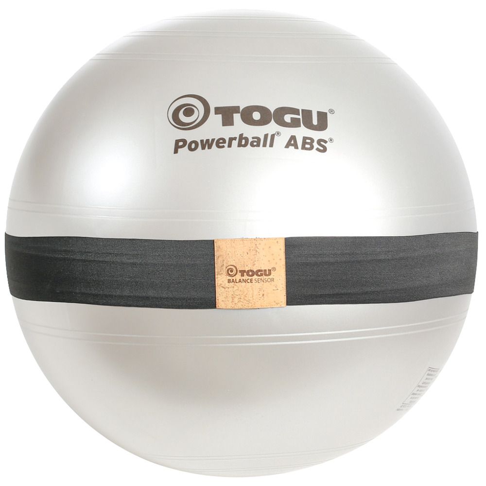 Silberfarbener Gymnastikball mit schwarzem Band. Aufschrift: TOGU Powerball ABS und Balance Sensor.
