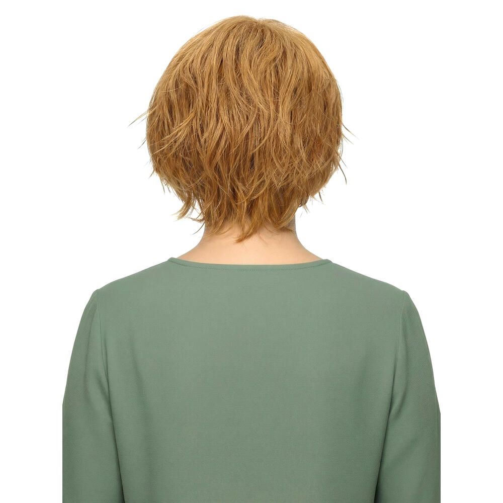 Rückansicht einer rotblonden Kurzhaarperücke. Der Schnitt ist fransig und modern.