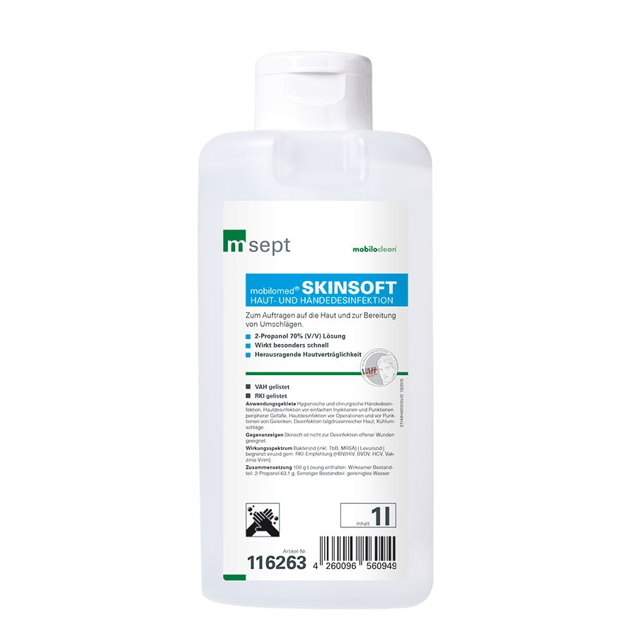 Haut- und Händedesinfektionsmittel in einer transparenten Flasche mit weißem Deckel. Beschriftung: mobilomed® Skinsoft, 1L.