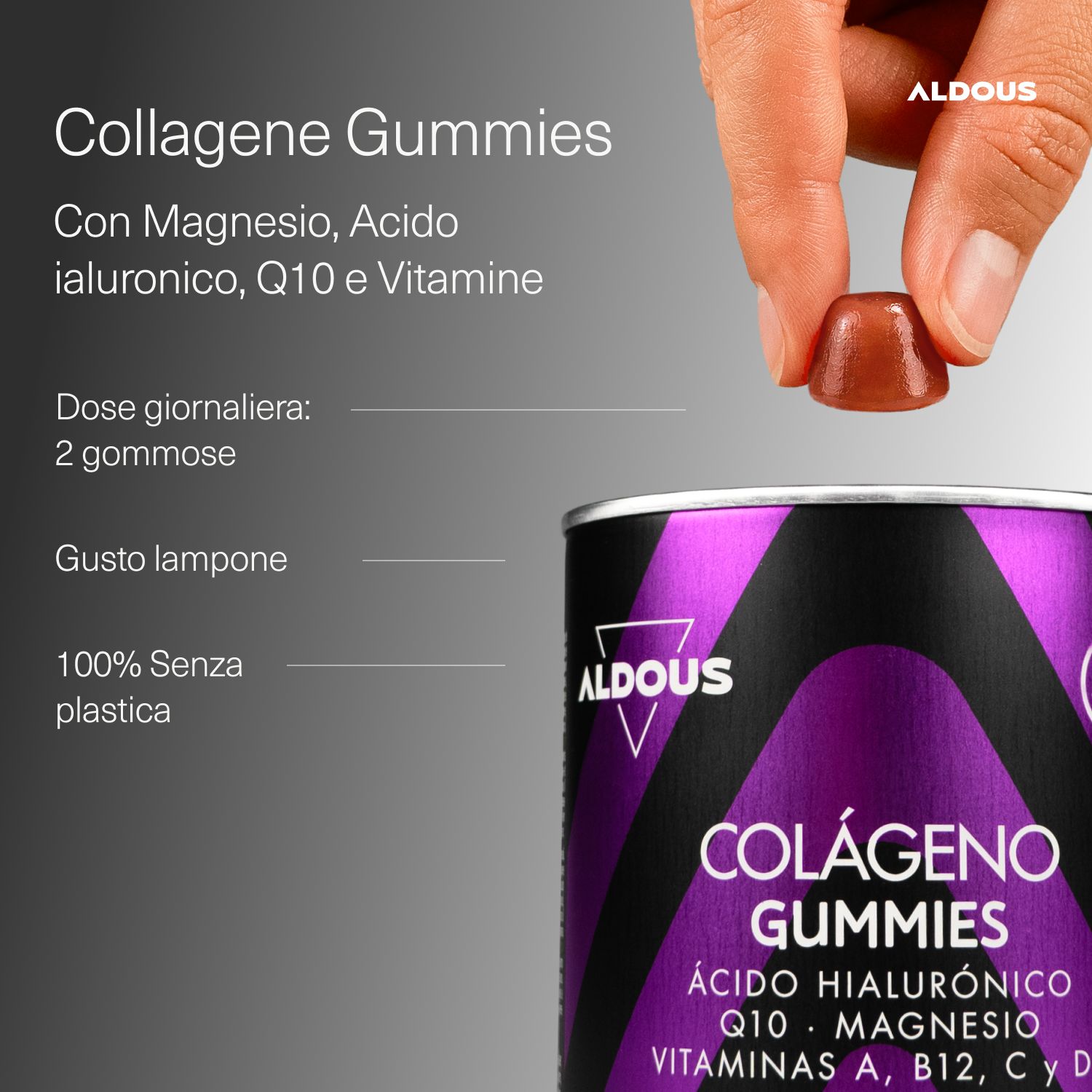 Aldous Colagene Gummies Dose und eine Hand, die ein Gummibärchen hält. Enthält Magnesium, Hyaluronsäure, Q10, Vitamine.