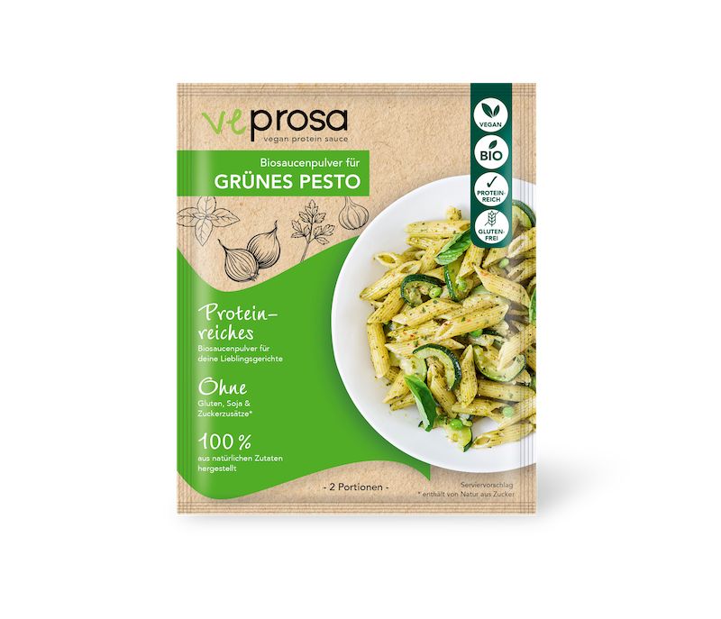 Verpackung VEPROSA Bio-Saucenpulver grünes Pesto. Grün-weißes Etikett mit Produktbild. Vegan, Bio, proteinreich, glutenfrei.