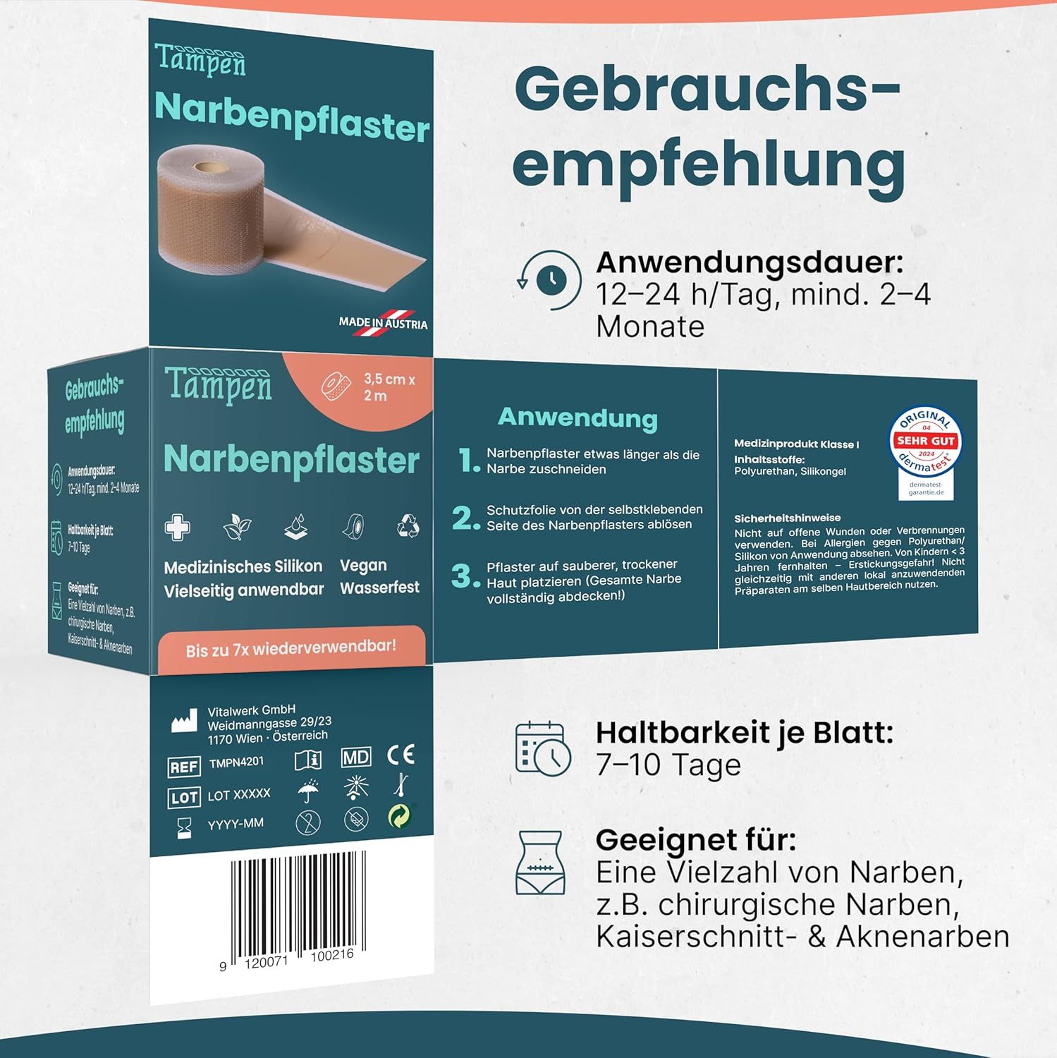 Narbenpflasterrolle aus medizinischem Silikon, 3,5 cm breit, wiederverwendbar.