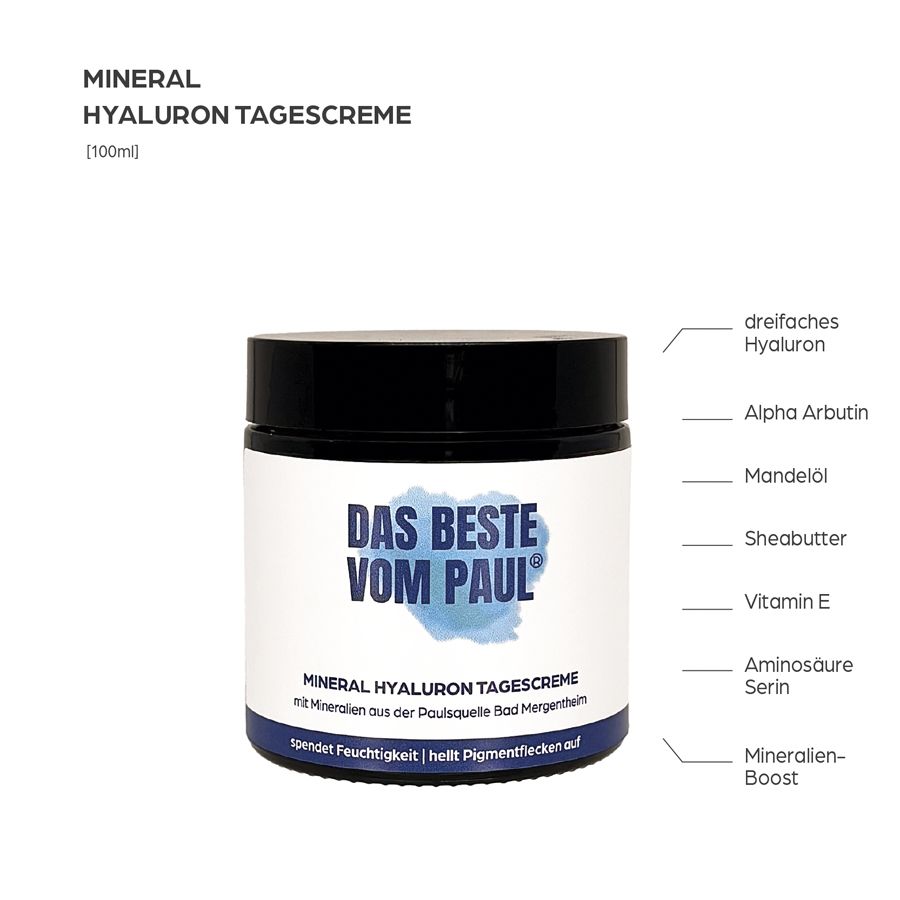 Tiegel mit schwarzem Deckel. Aufschrift: DAS BESTE VOM PAUL. Mineral Hyaluron Tagescreme. Inhaltsstoffe: Hyaluron, Mandelöl, Sheabutter.