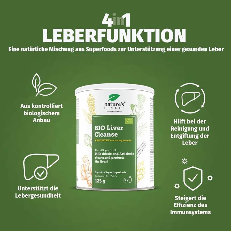 Nature's Finest BIO Liver Cleanse Dose mit Icons für Lebergesundheit und Immunsystem.