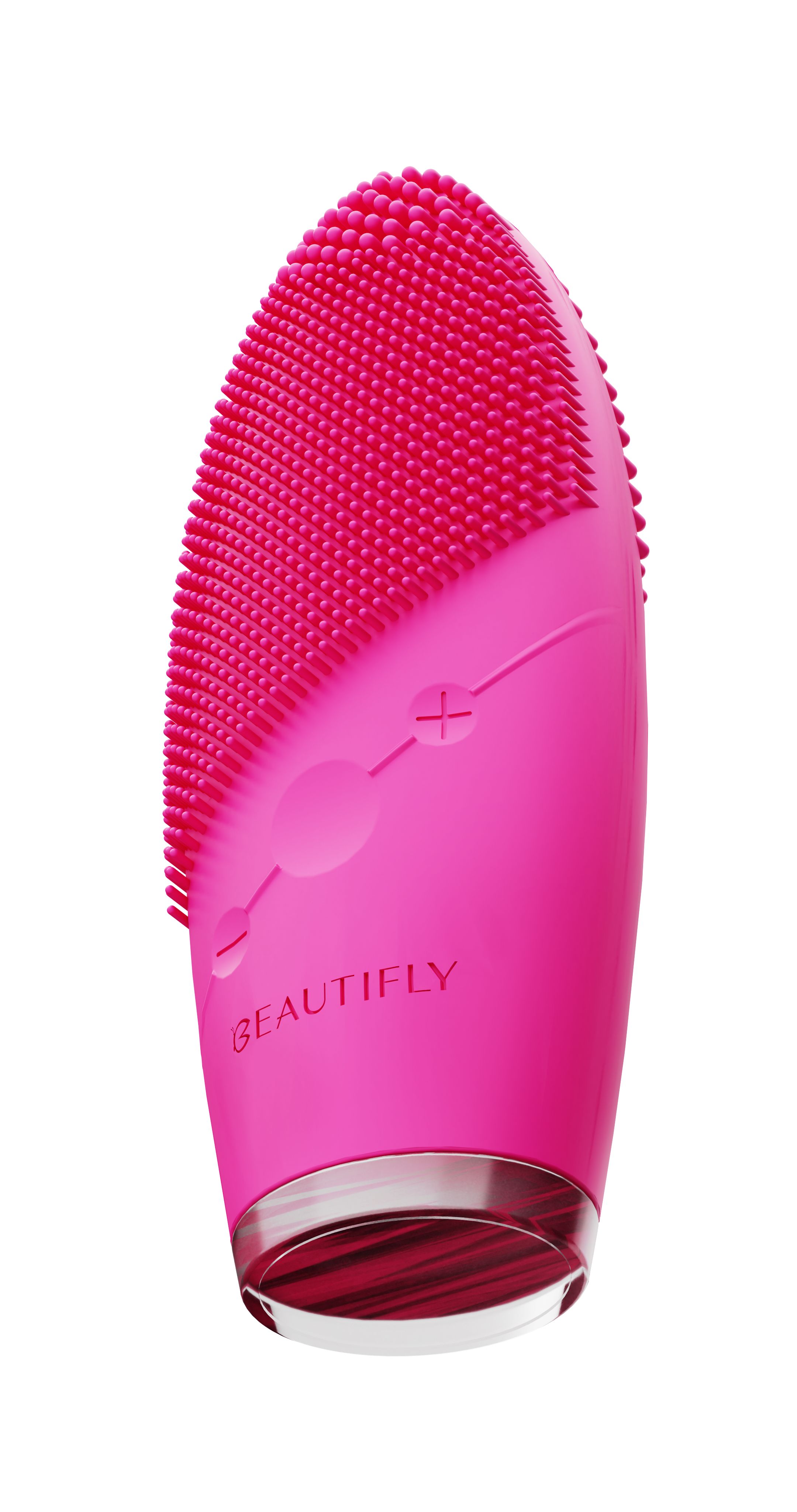 Pinkfarbene Schall-Gesichtsbürste mit Noppen. Marke BEAUTIFLY. Ovale Form, silberfarbener Sockel. Plus- und Minuszeichen.