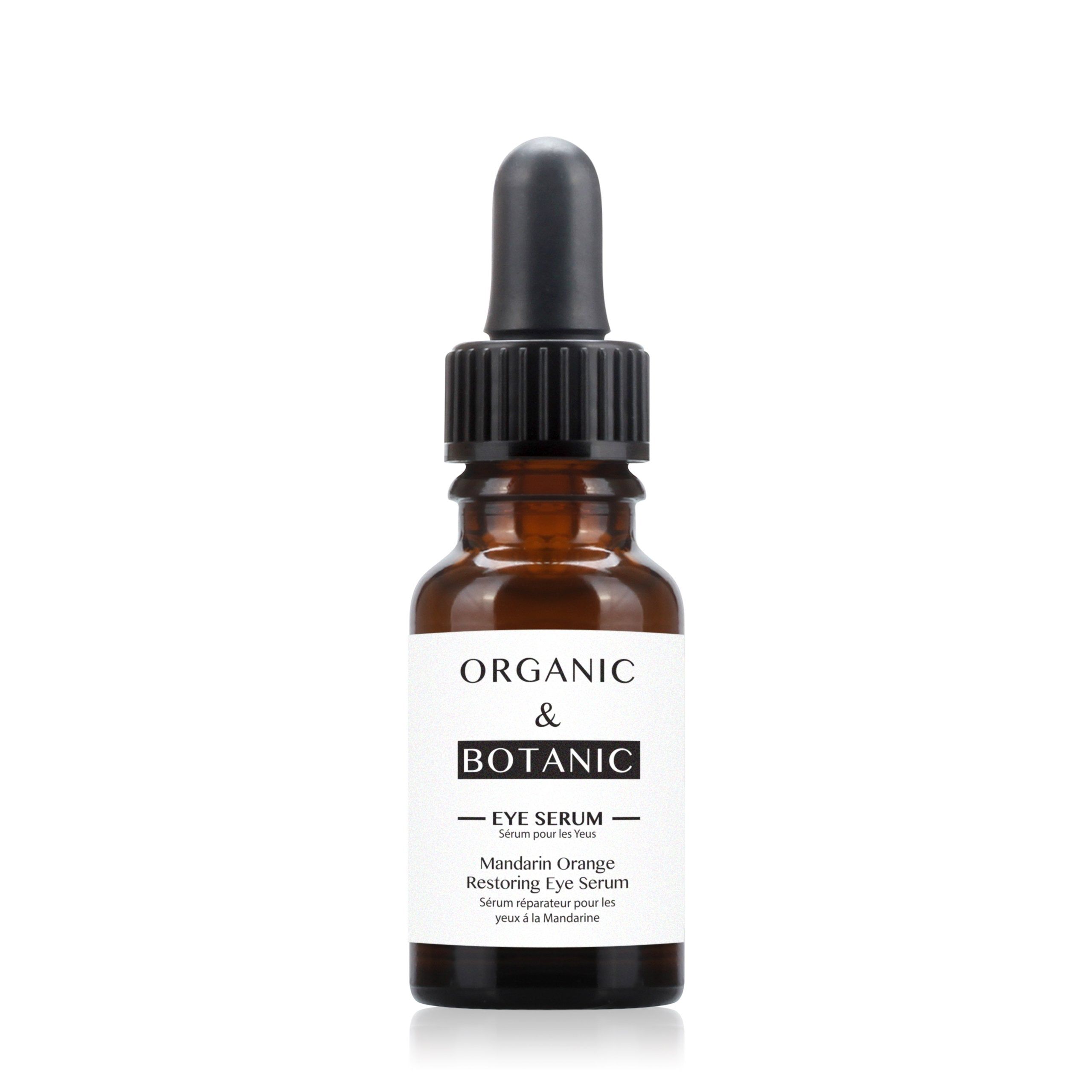 Braune Glasflasche mit schwarzer Pipette. Aufschrift: Organic & Botanic Eye Serum. Mandarin Orange Restoring Eye Serum.
