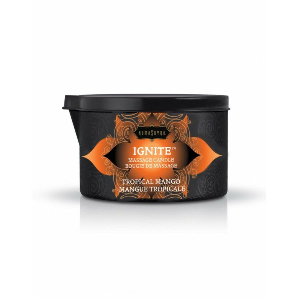 Massagekerze. Schwarzer Behälter mit orangefarbenem Etikett. Aufschrift: Ignite Tropical Mango.
