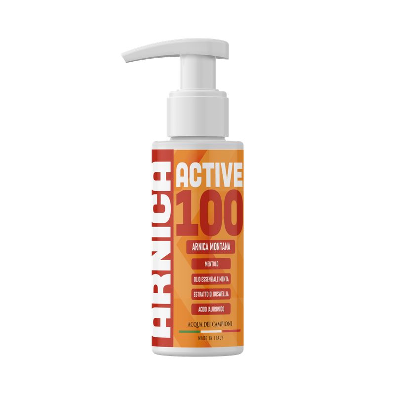 Weißer Spender mit orangefarbener Etikett. Aufschrift: ARNICA ACTIVE 100, Inhaltsstoffe. Hergestellt in Italien.
