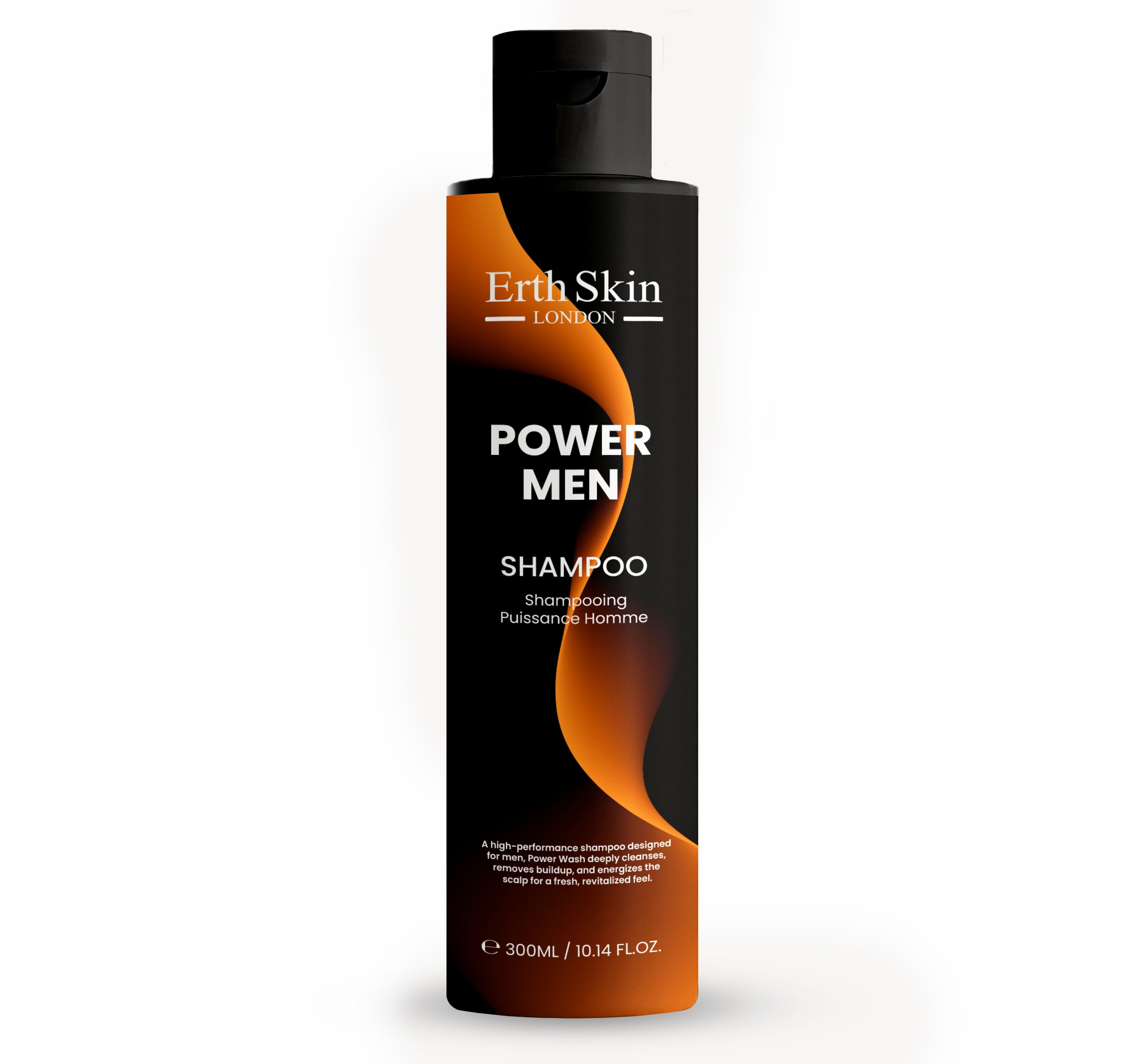 Flacon de shampooing noir avec design orange. Erth Skin London, Power Men Shampoo, 300ml.
