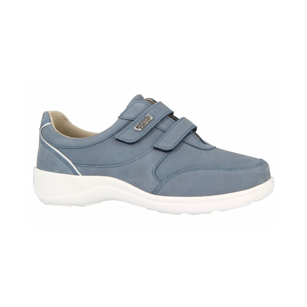 Blauer Klettschuh mit weißer Sohle. Zwei Klettverschlüsse. Marke Varomed.