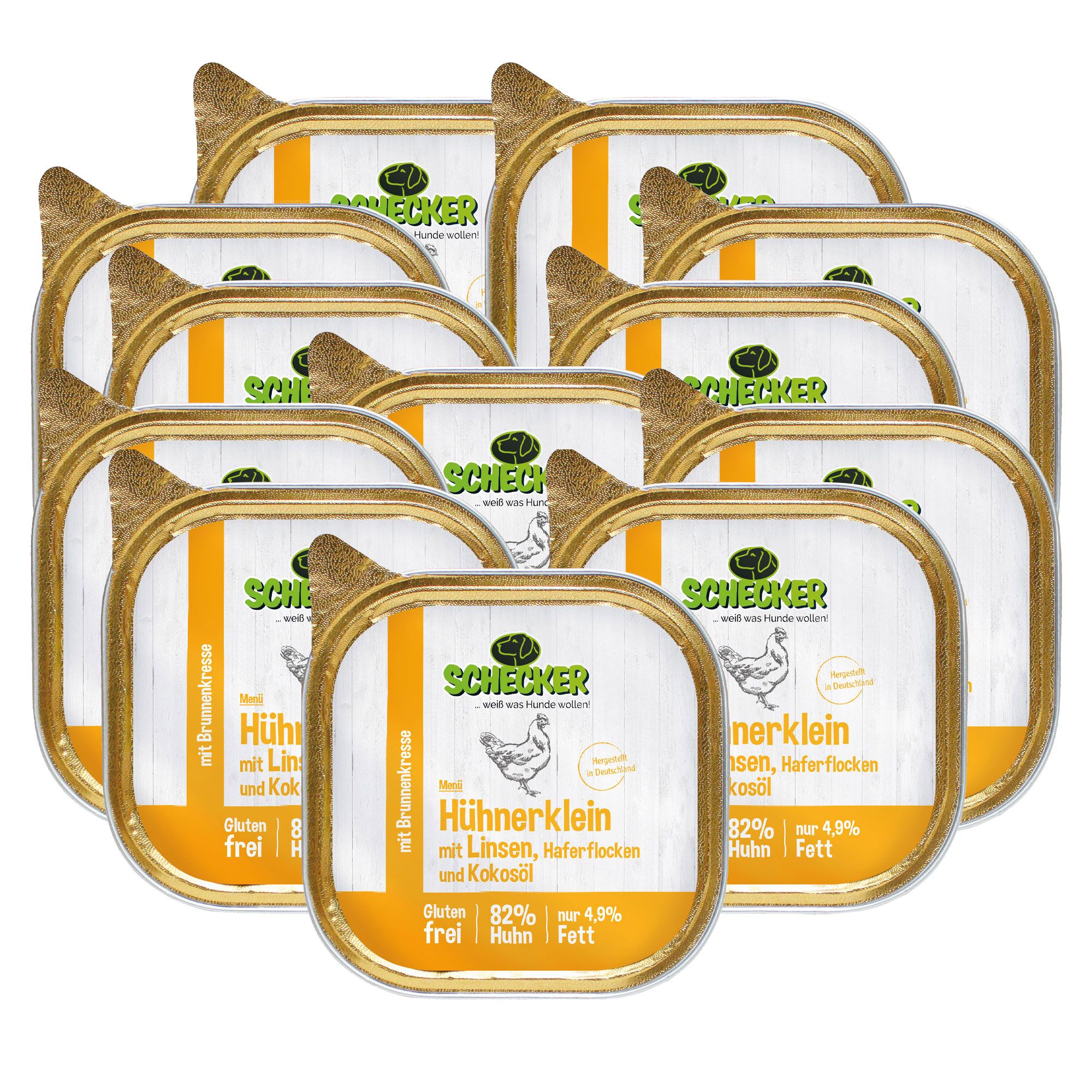 Schecker Nassfutter, Hühnerklein mit Linsen, Haferflocken und Kokosöl. Mehrere Schalen. Text: Gluten frei, 82% Huhn, 4,9% Fett. Logo mit Huhn.