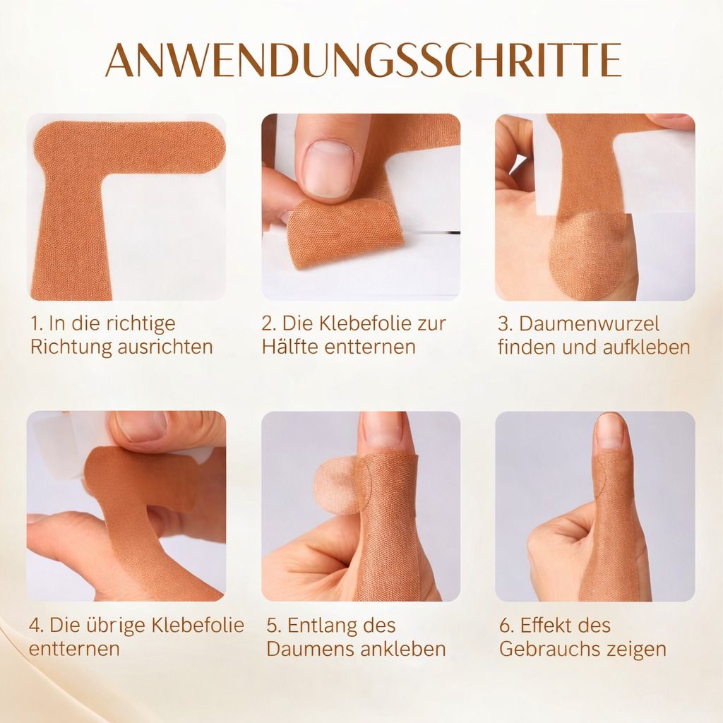 Anleitungsschritte für die Anwendung eines Daumenstützbandes. Sechs nummerierte Bilder zeigen die Anwendungsschritte.