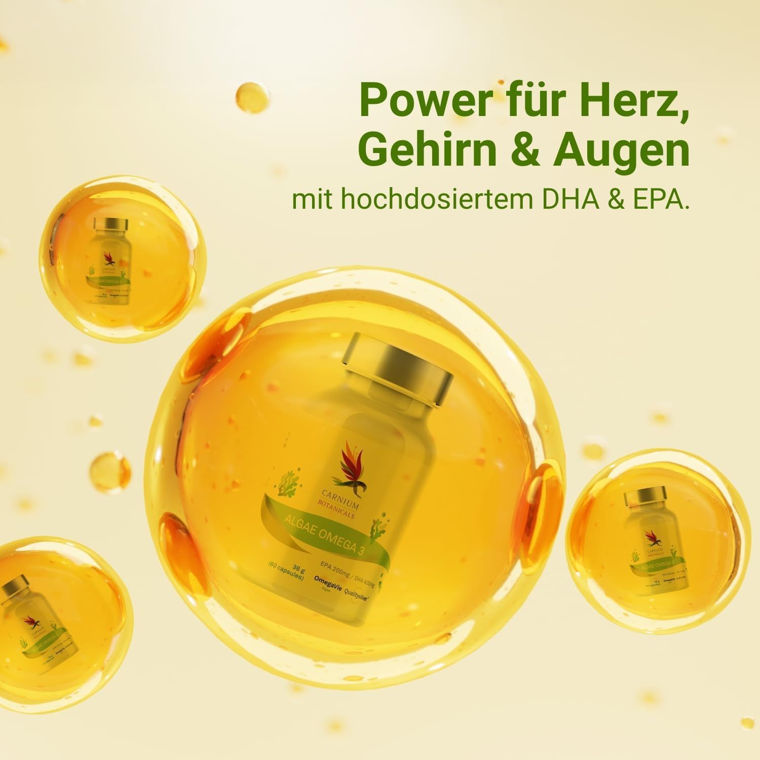 Flaschen in Blasen. Text: Power für Herz, Gehirn & Augen mit hochdosiertem DHA & EPA.