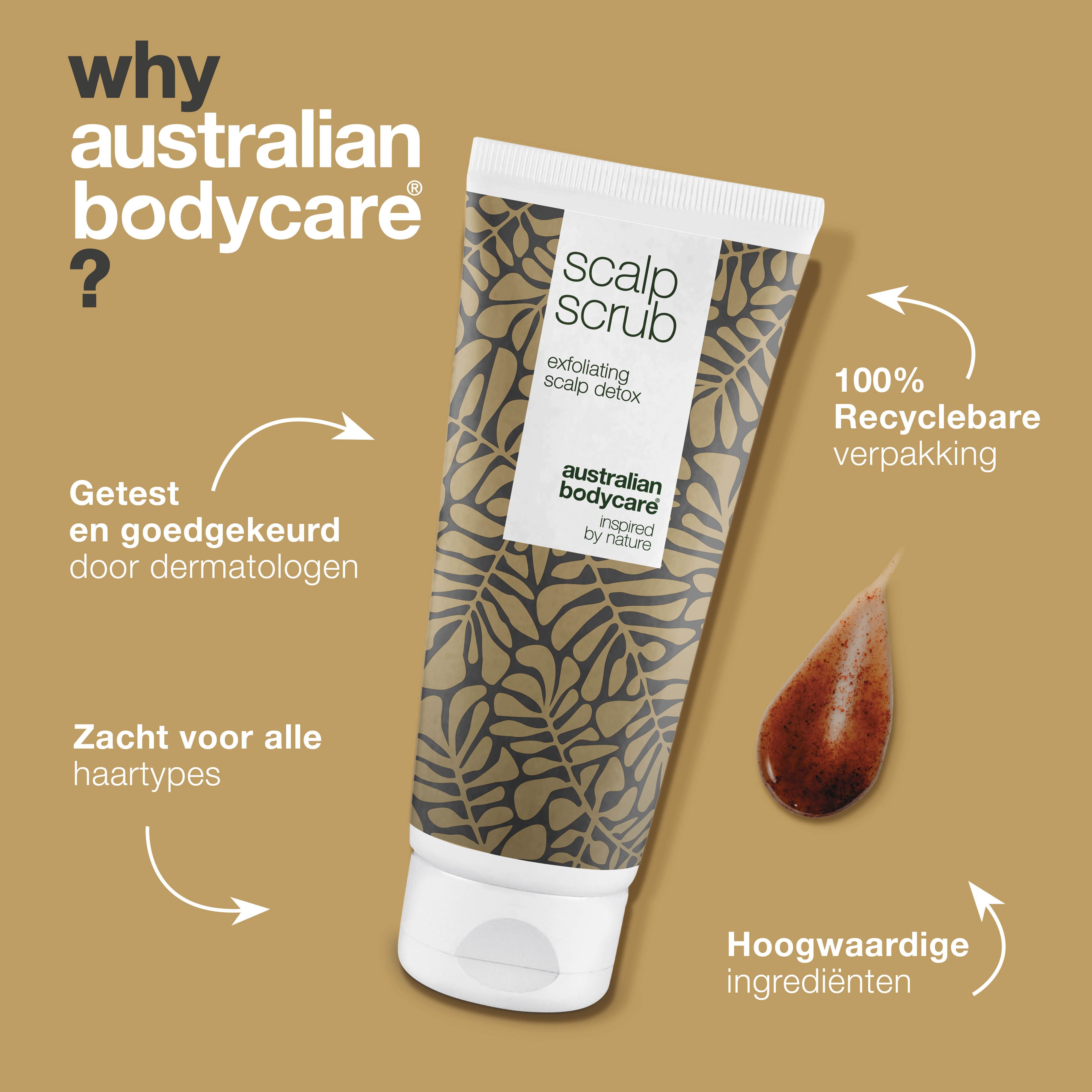 Tube hoofdhuidpeeling. Tekst: Australian Bodycare, Scalp Scrub. Voordelen: Getest, alle haartypes.