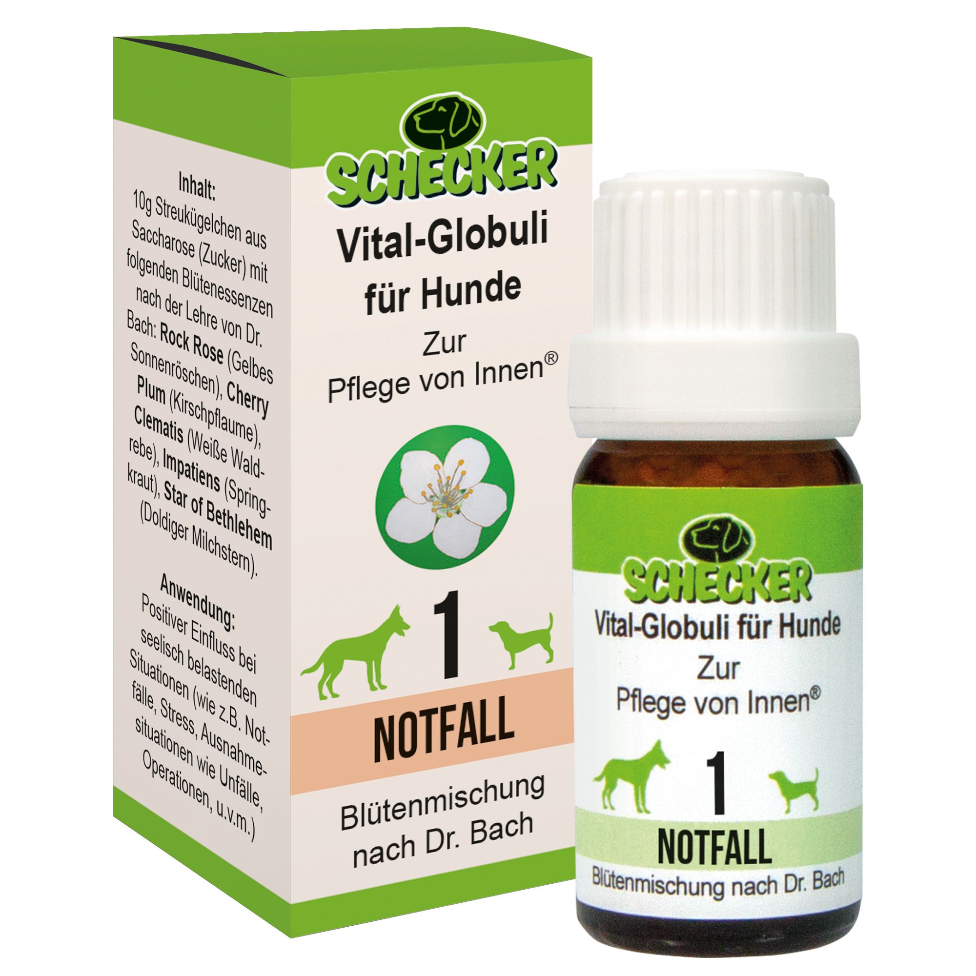 Globuli-Fläschchen und Schachtel. Aufschrift: Schecker Vital-Globuli für Hunde. Blütenmischung 1 Notfall. Globuli auf Blatt.
