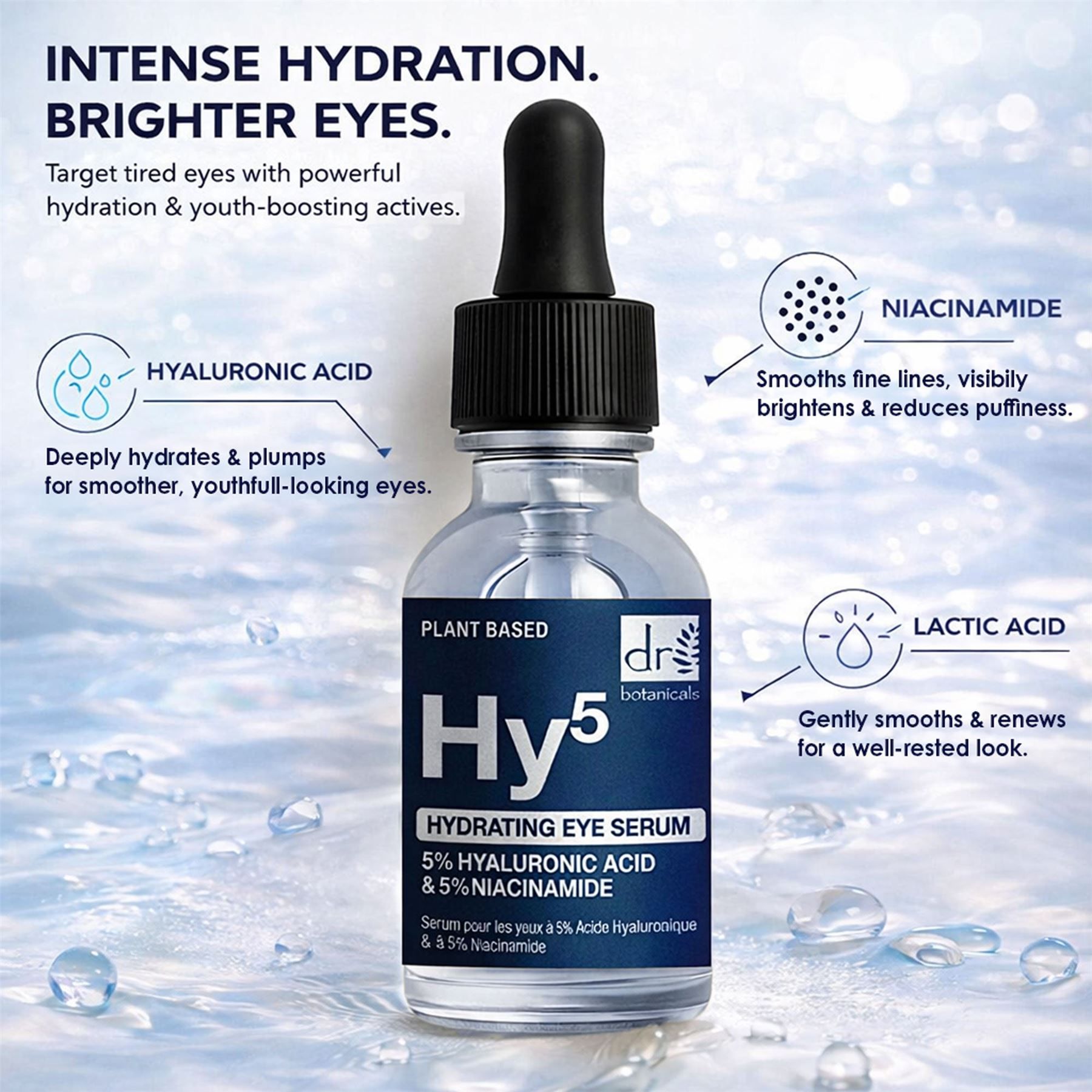 Dr. Botanicals Hyaluronic Acid Hydrating Eye Serum Flasche mit Pipette.