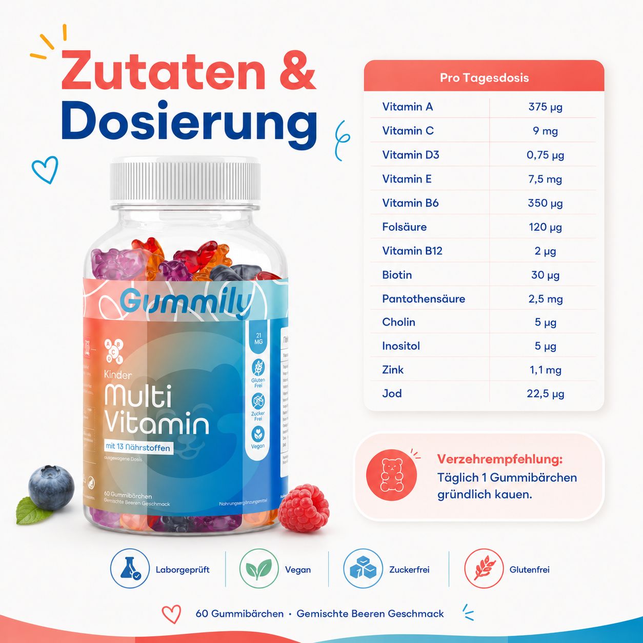 Gummily Kinder Multivitamin Flasche mit Zutatenliste und Dosierungsempfehlung.