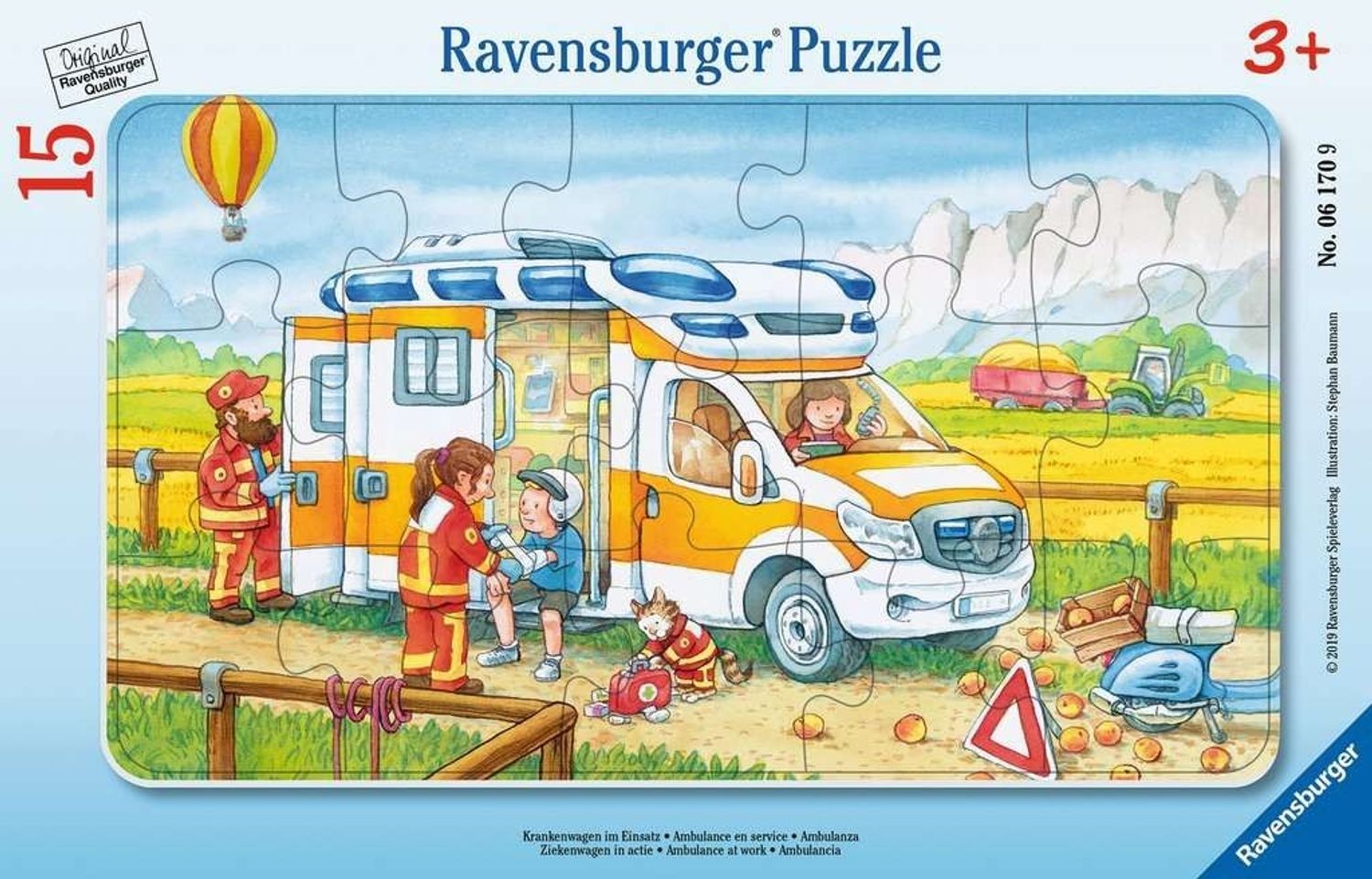 Puzzlespiel mit 15 Teilen. Motiv: Krankenwagen im Einsatz. Marke Ravensburger. Altersempfehlung: 3+. Verpackung mit Rahmen.