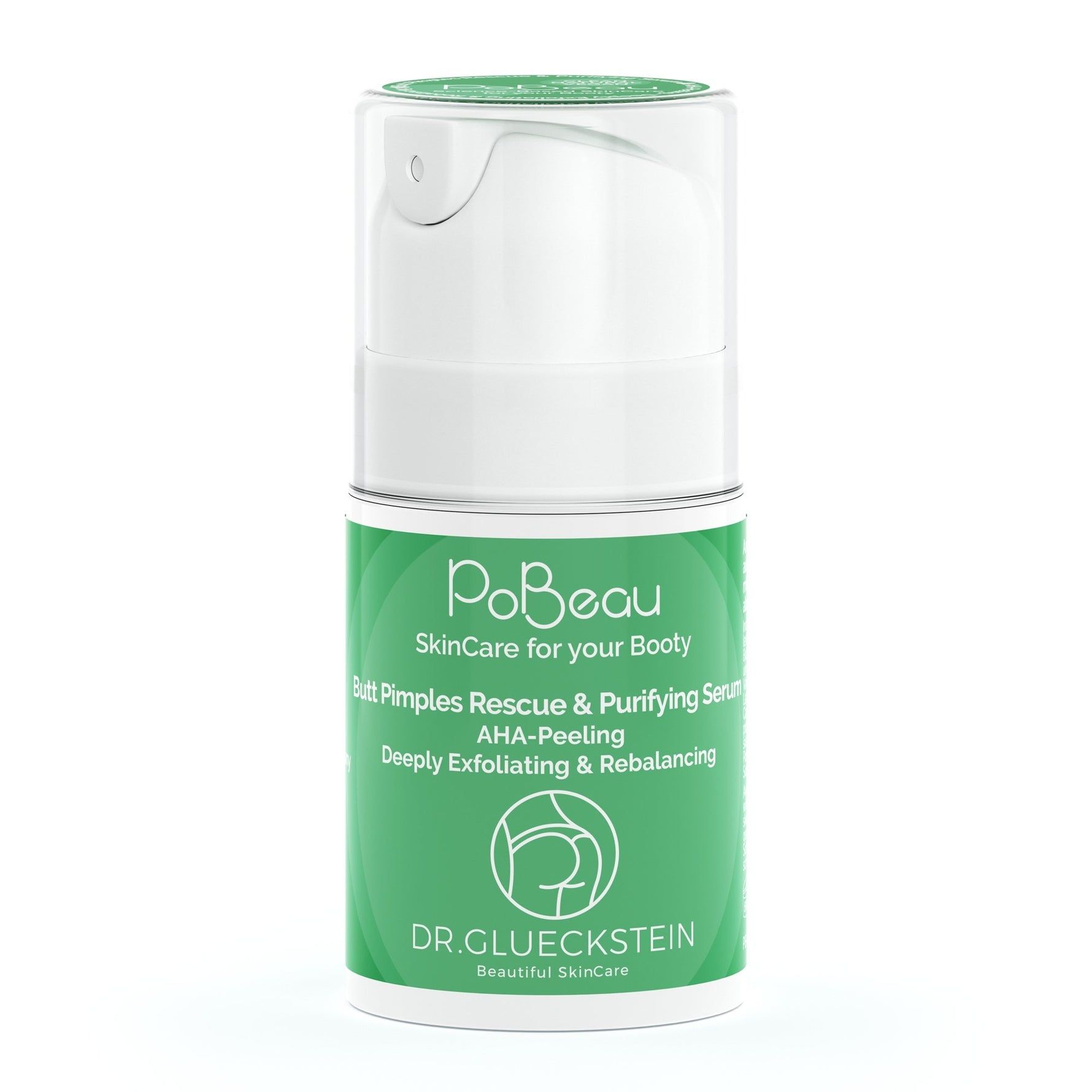 Weiße Flasche mit grünem Etikett. Aufschrift: Pobeau, Butt Pimples Rescue & Purifying Serum. Logo: Gesäßumriss. Dr. Gluckstein.