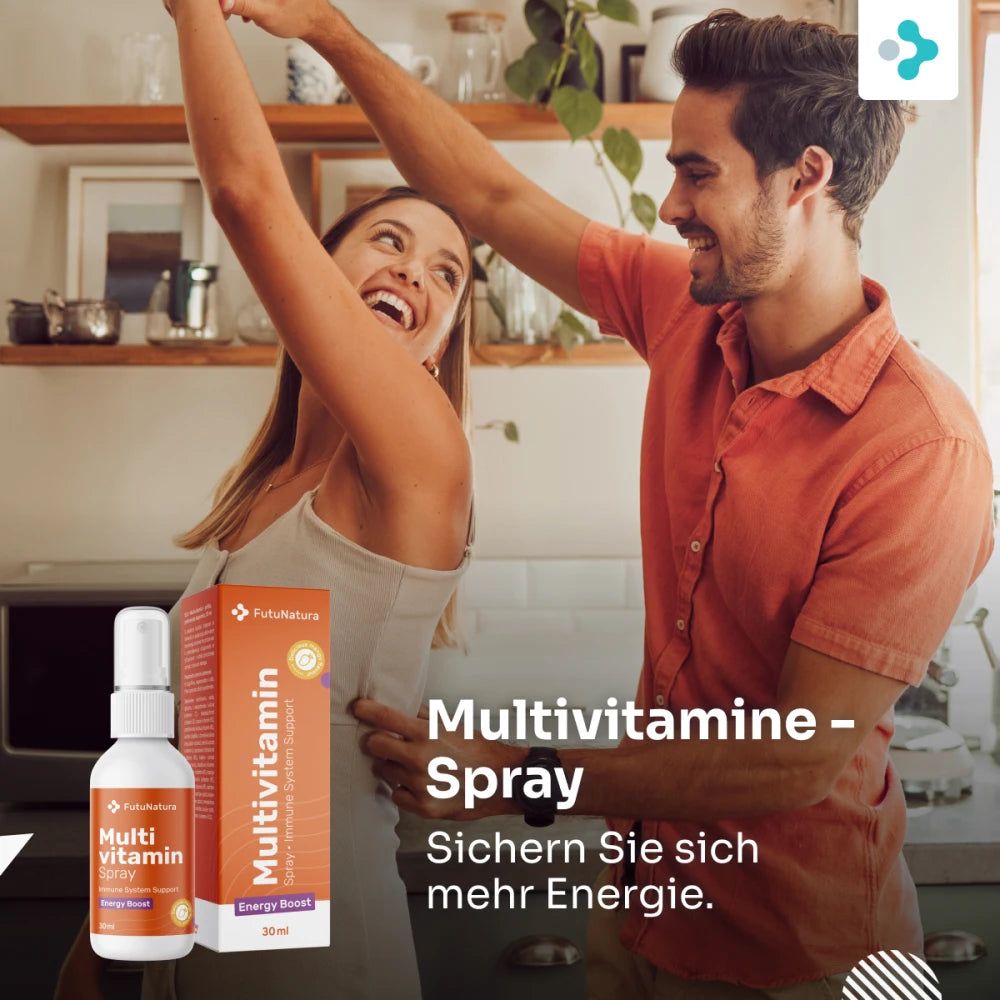 Produkt "Multivitamine - Spray" mit tanzendem Paar. Orangefarbene Verpackung, weißes Spray. Text: "FutuNatura", "Energy Boost", "30ml".