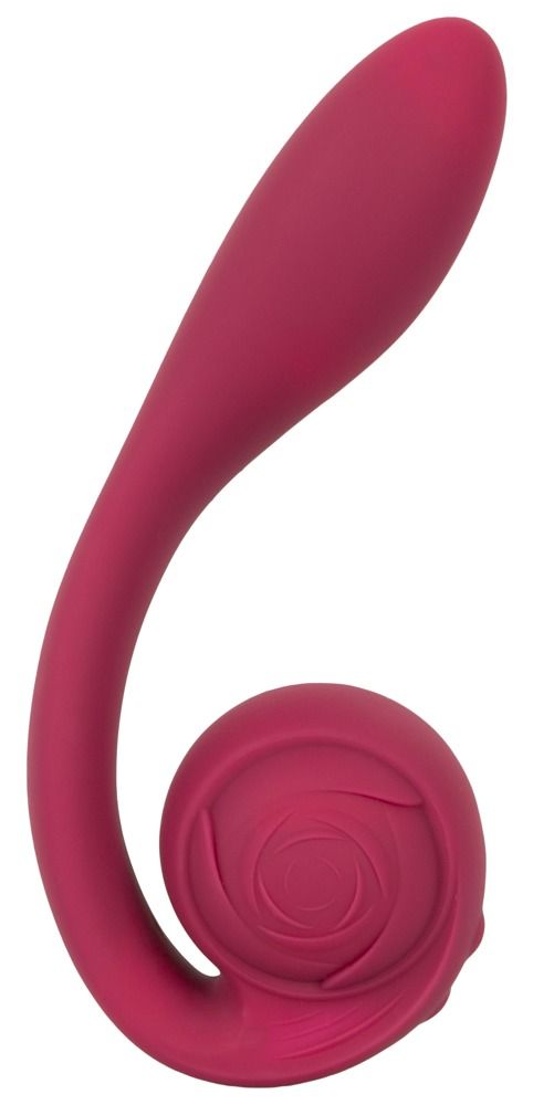 Rosa Vibrator mit spiralförmigem Kopf und gebogenem Schaft.