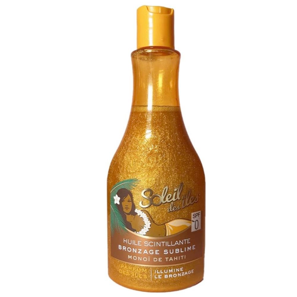 Goldfarbenes Öl in einer Flasche mit gelbem Verschluss. Aufschrift: Soleil des Îles, Huile Scintillante Bronzage Sublime, SPF0.