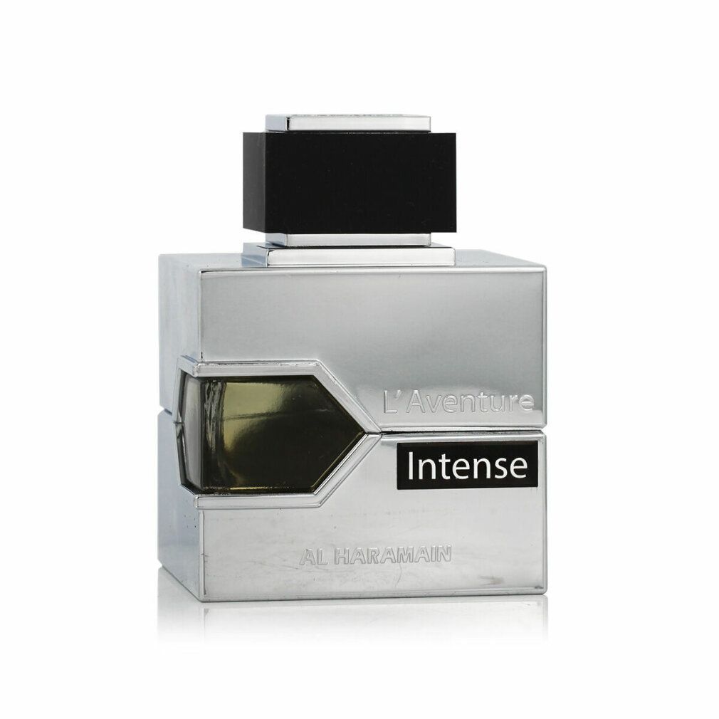 Silberfarbener Flakon mit schwarzem Deckel. Aufschrift: L'Aventure Intense. Marke Al Haramain.