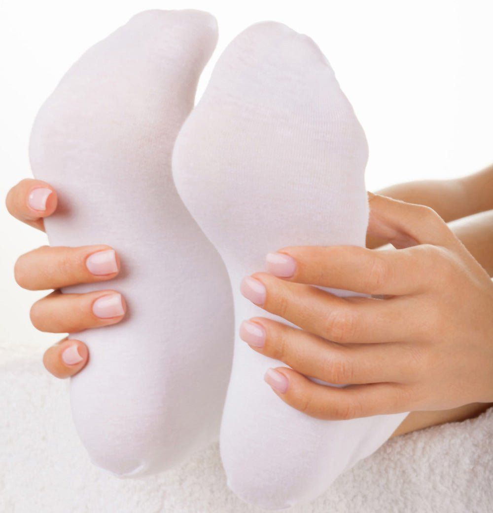 Zwei weiße Socken an Füßen, gehalten von Händen. Nahaufnahme. Auf weißem Untergrund.