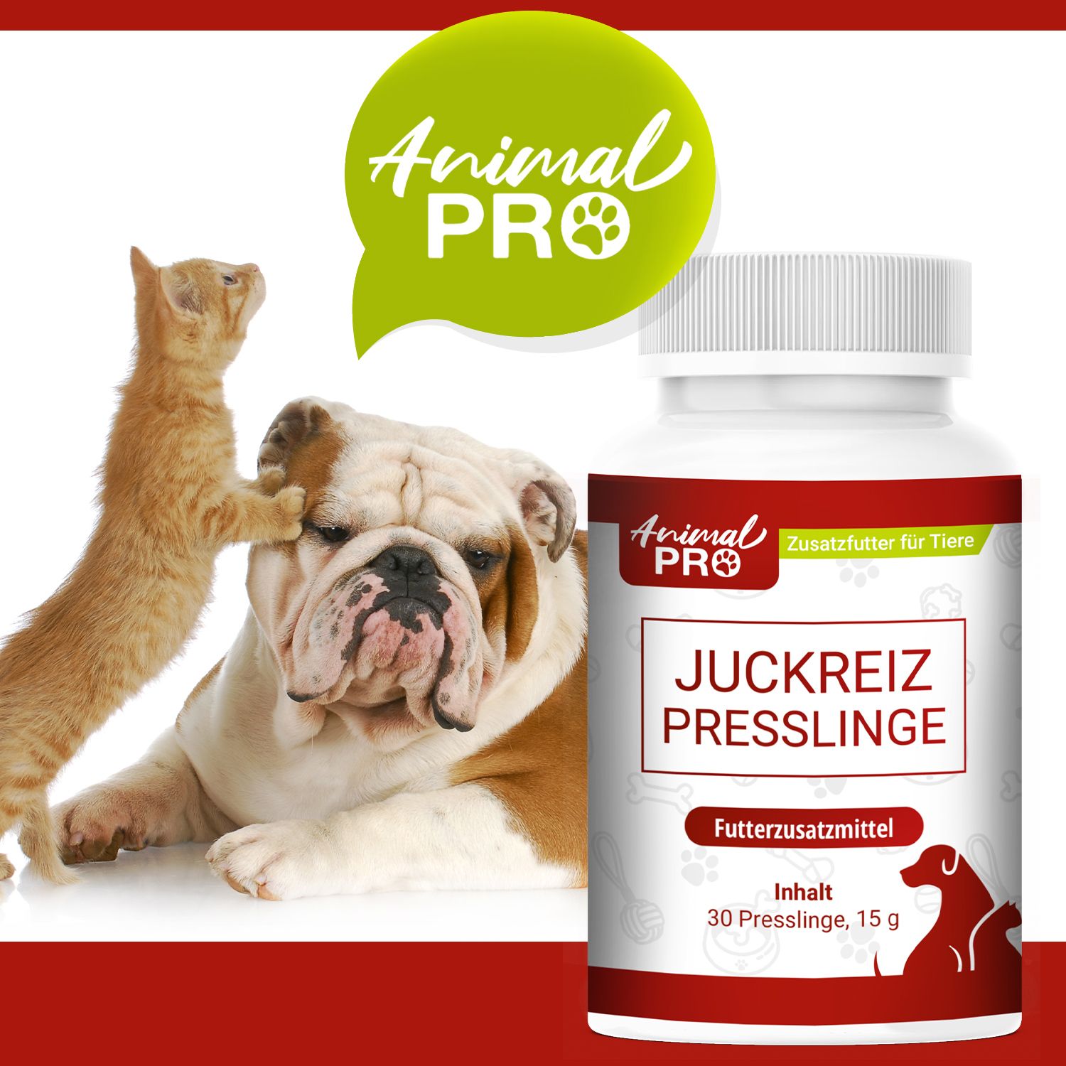 Katze und Hund neben Flasche. Aufschrift: Animal Pro, JCKRZ Presslinge, Futterzusatzmittel. Enthält 30 Presslinge, 15 g.